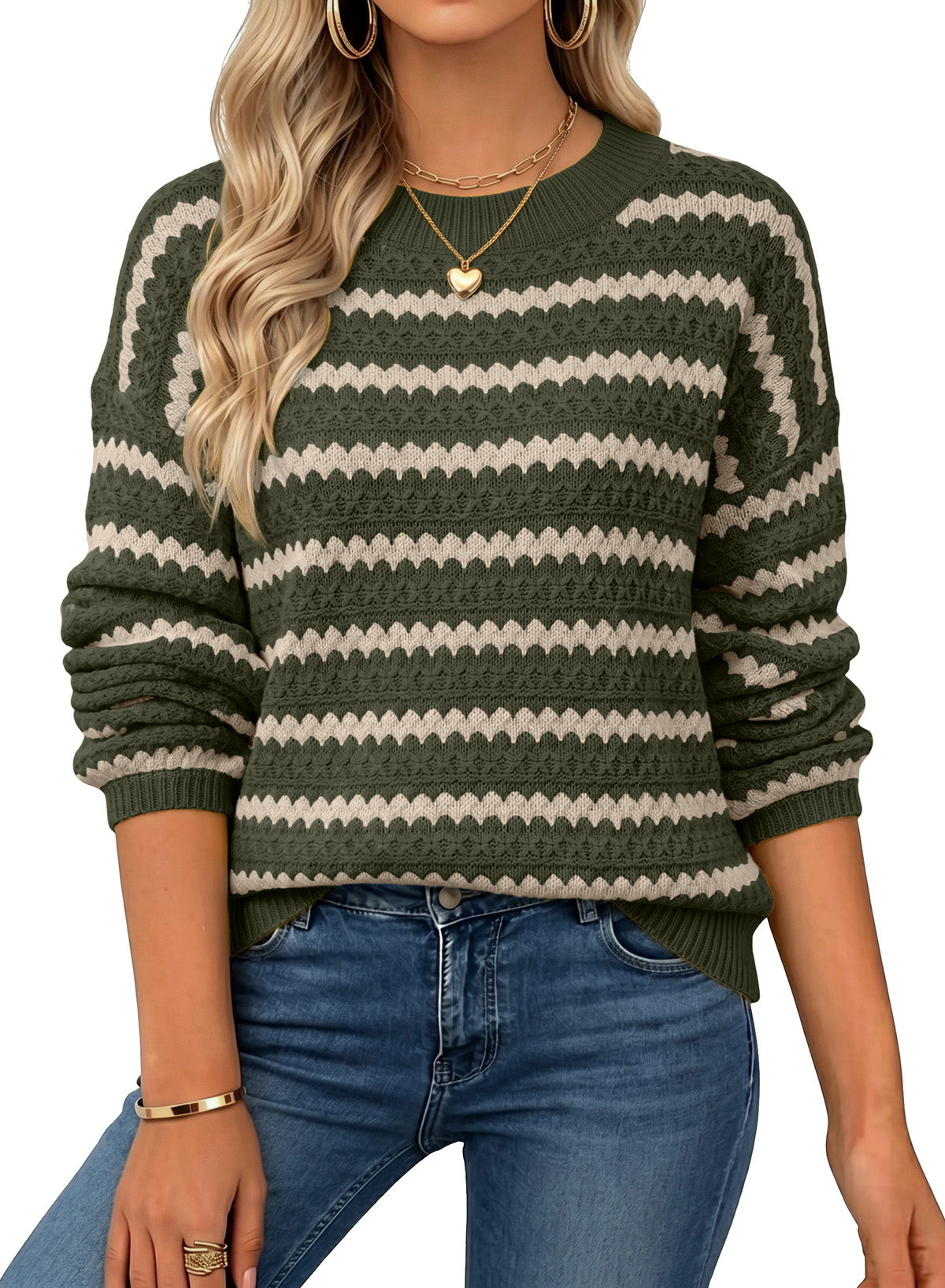 Dokotoo Sweaters for Women Oversized Long Balloon Sleeve Wavy Striped Color Block Crewneck Casual Pullover Sweater Knit Tops