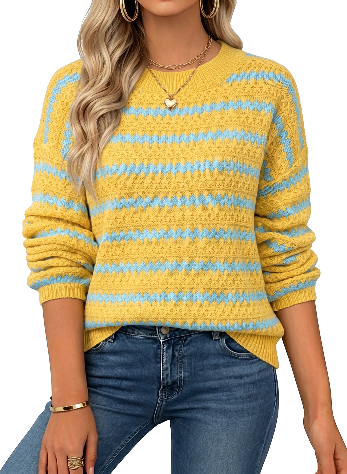 Dokotoo Sweaters for Women Oversized Long Balloon Sleeve Wavy Striped Color Block Crewneck Casual Pullover Sweater Knit Tops