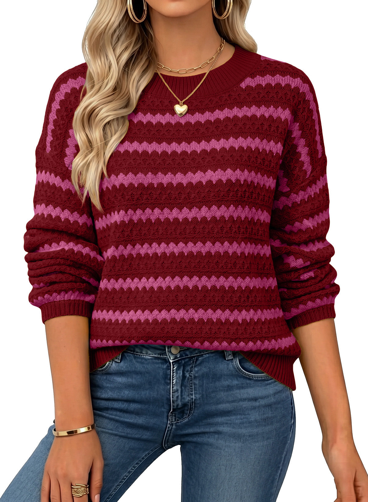 Dokotoo Sweaters for Women Oversized Long Balloon Sleeve Wavy Striped Color Block Crewneck Casual Pullover Sweater Knit Tops