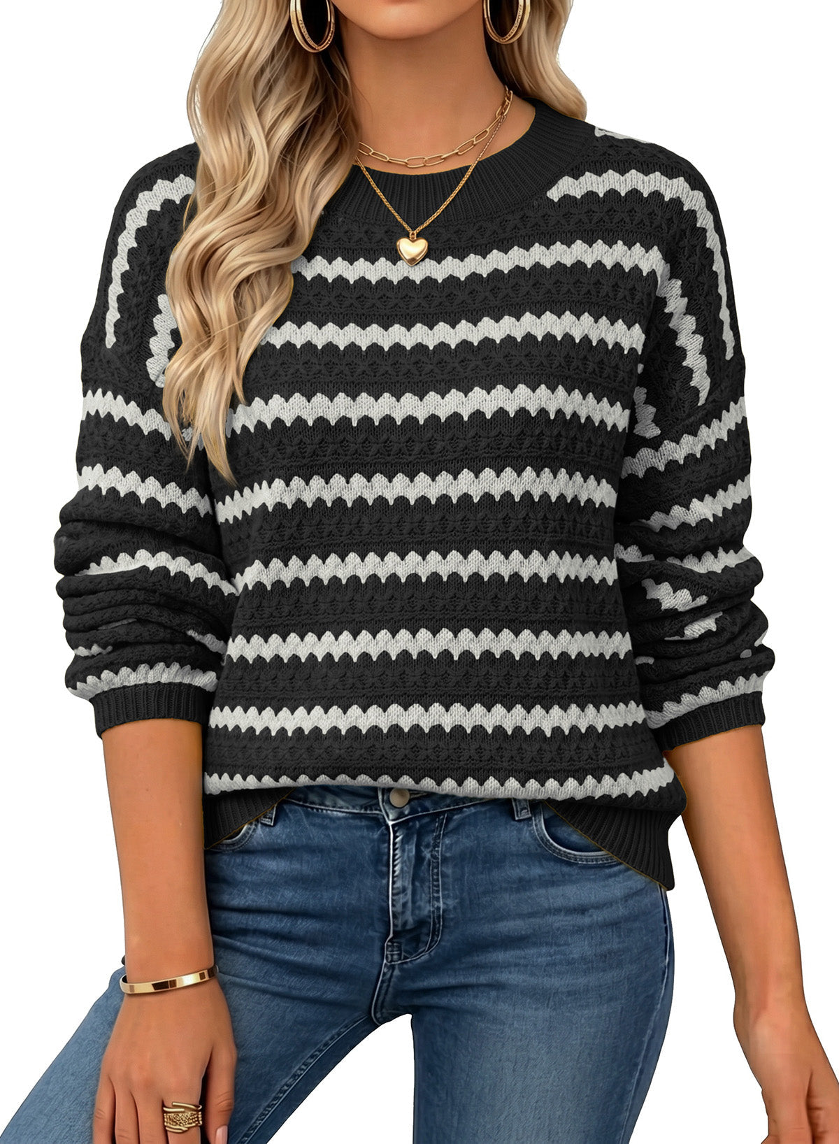 Dokotoo Sweaters for Women Oversized Long Balloon Sleeve Wavy Striped Color Block Crewneck Casual Pullover Sweater Knit Tops