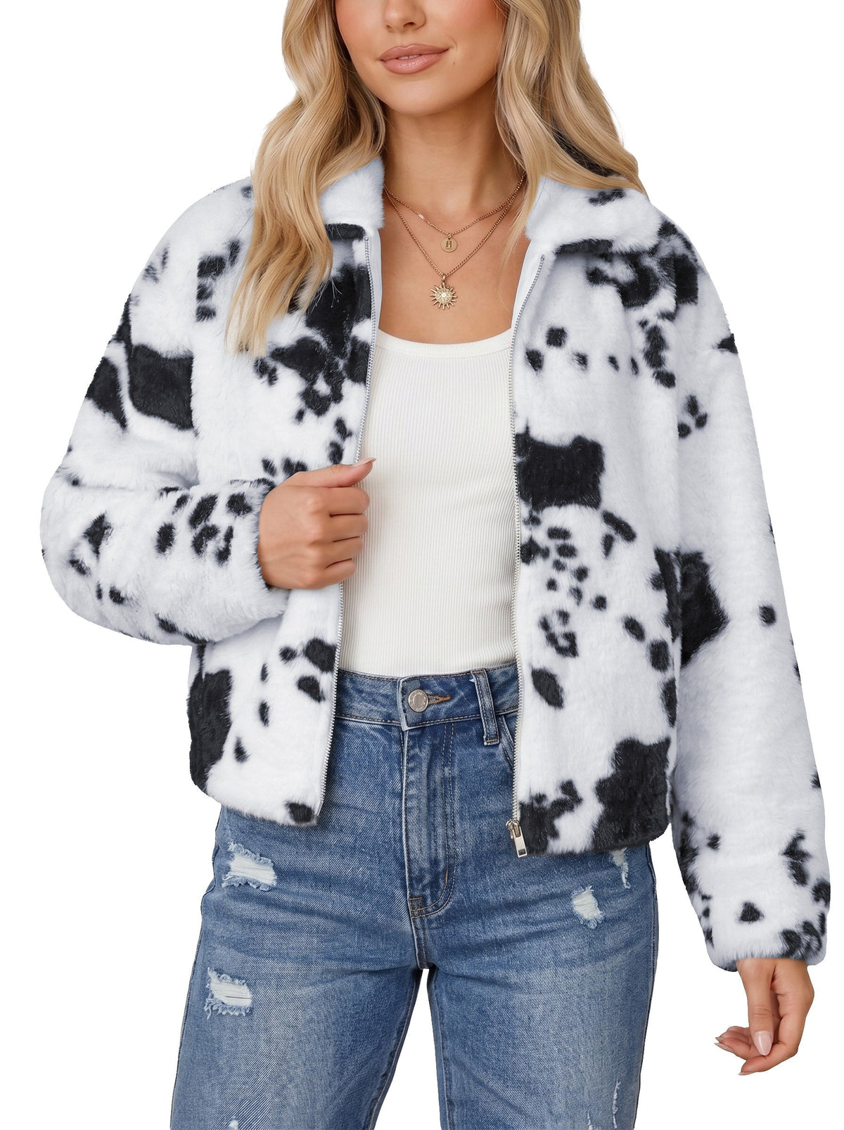Dokotoo Winter Fleece Jacket for Women Zip Up Cow Print Coats 2026