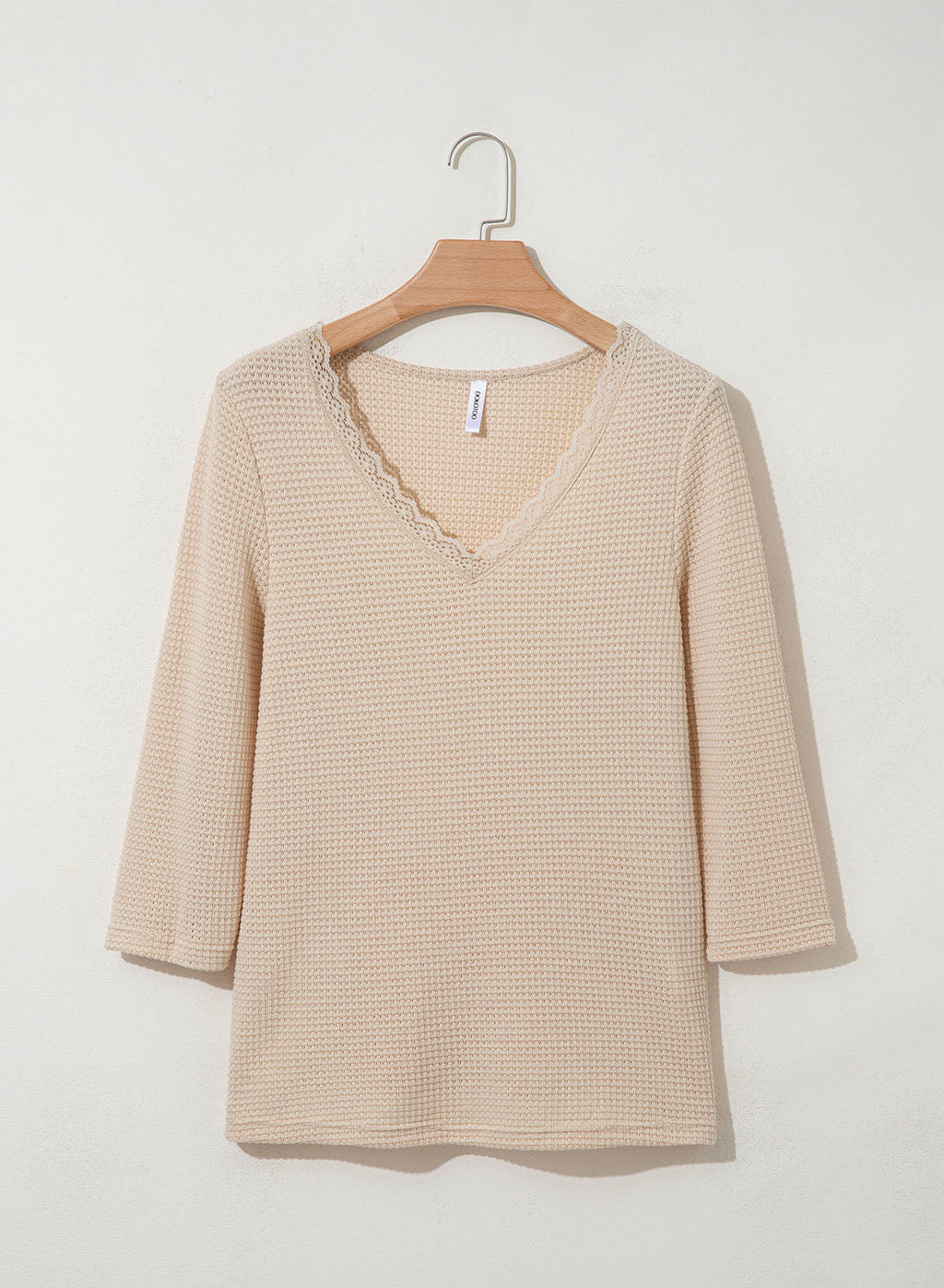 Women Casual Waffle Lace Splice 3/4 Sleeve Tops
