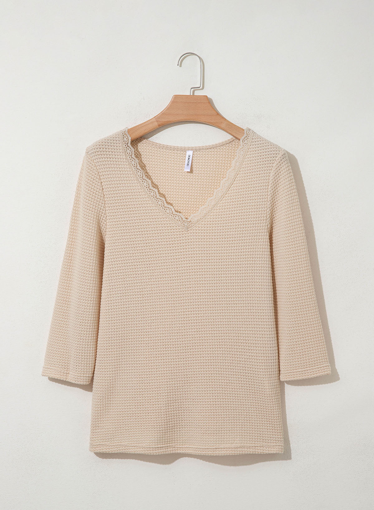Women Casual Waffle Lace Splice 3/4 Sleeve Tops