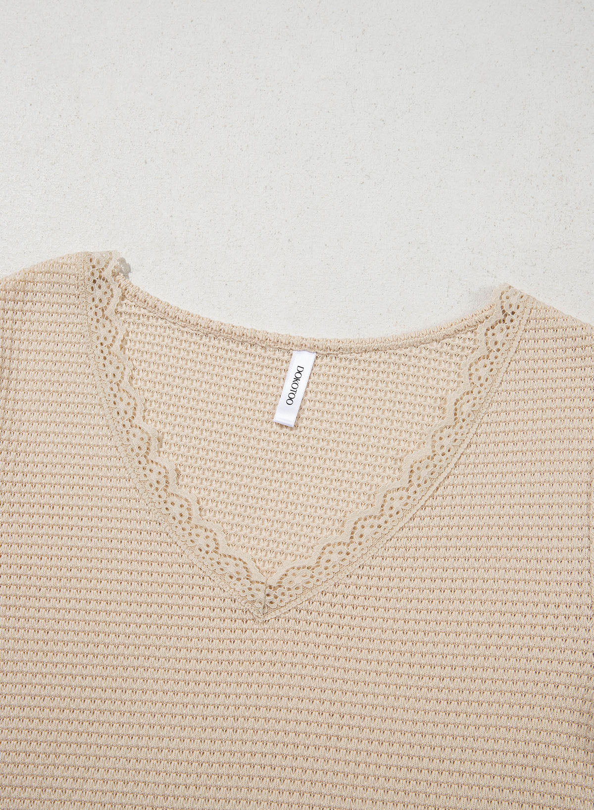 Women Casual Waffle Lace Splice 3/4 Sleeve Tops