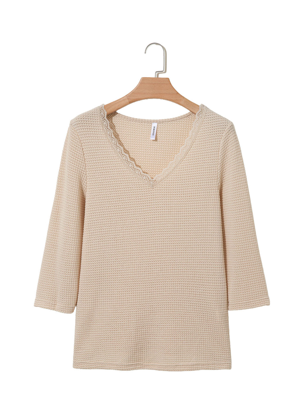 Women Casual Waffle Lace Splice 3/4 Sleeve Tops