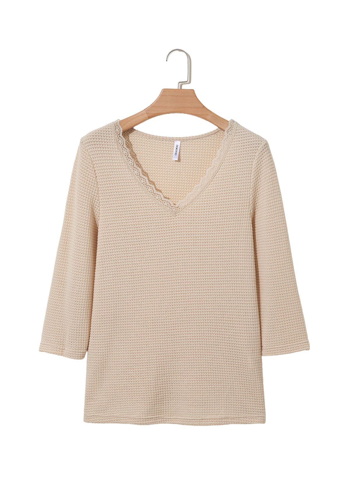 Women Casual Waffle Lace Splice 3/4 Sleeve Tops