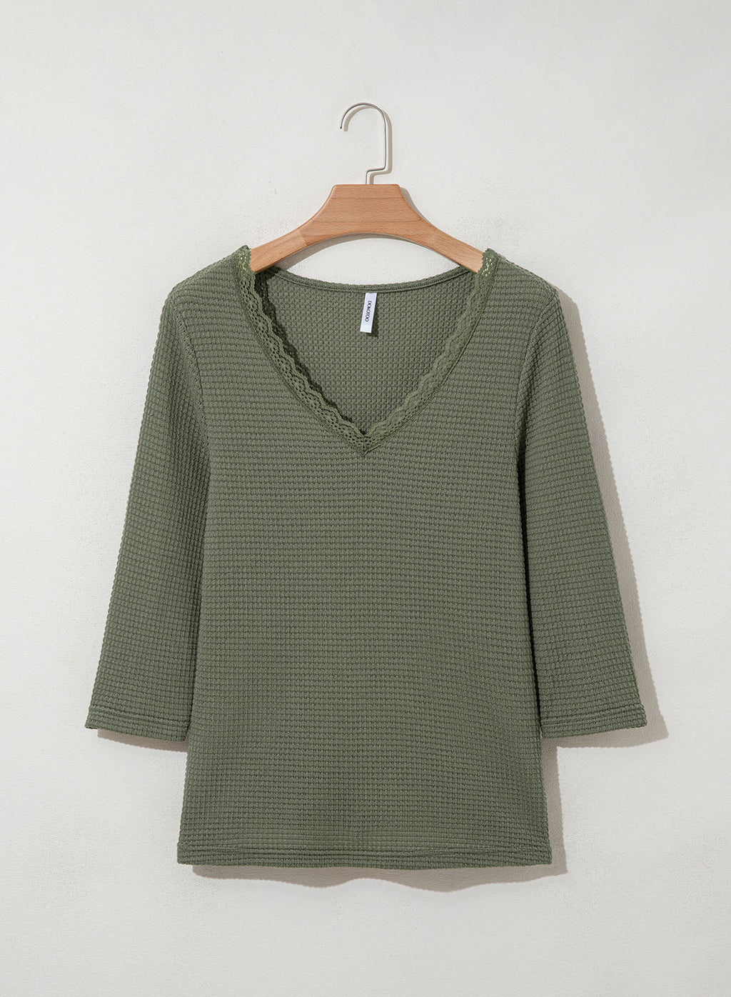 Women Casual Waffle Lace Splice 3/4 Sleeve Tops