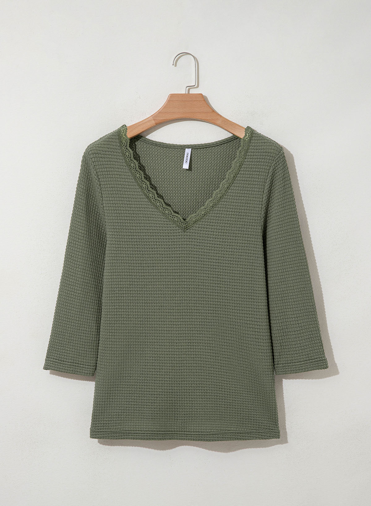 Women Casual Waffle Lace Splice 3/4 Sleeve Tops