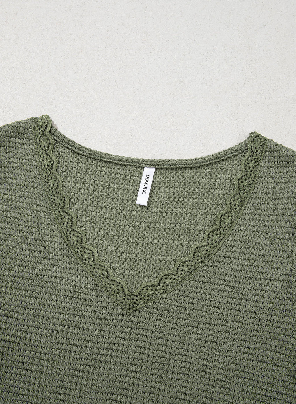Women Casual Waffle Lace Splice 3/4 Sleeve Tops
