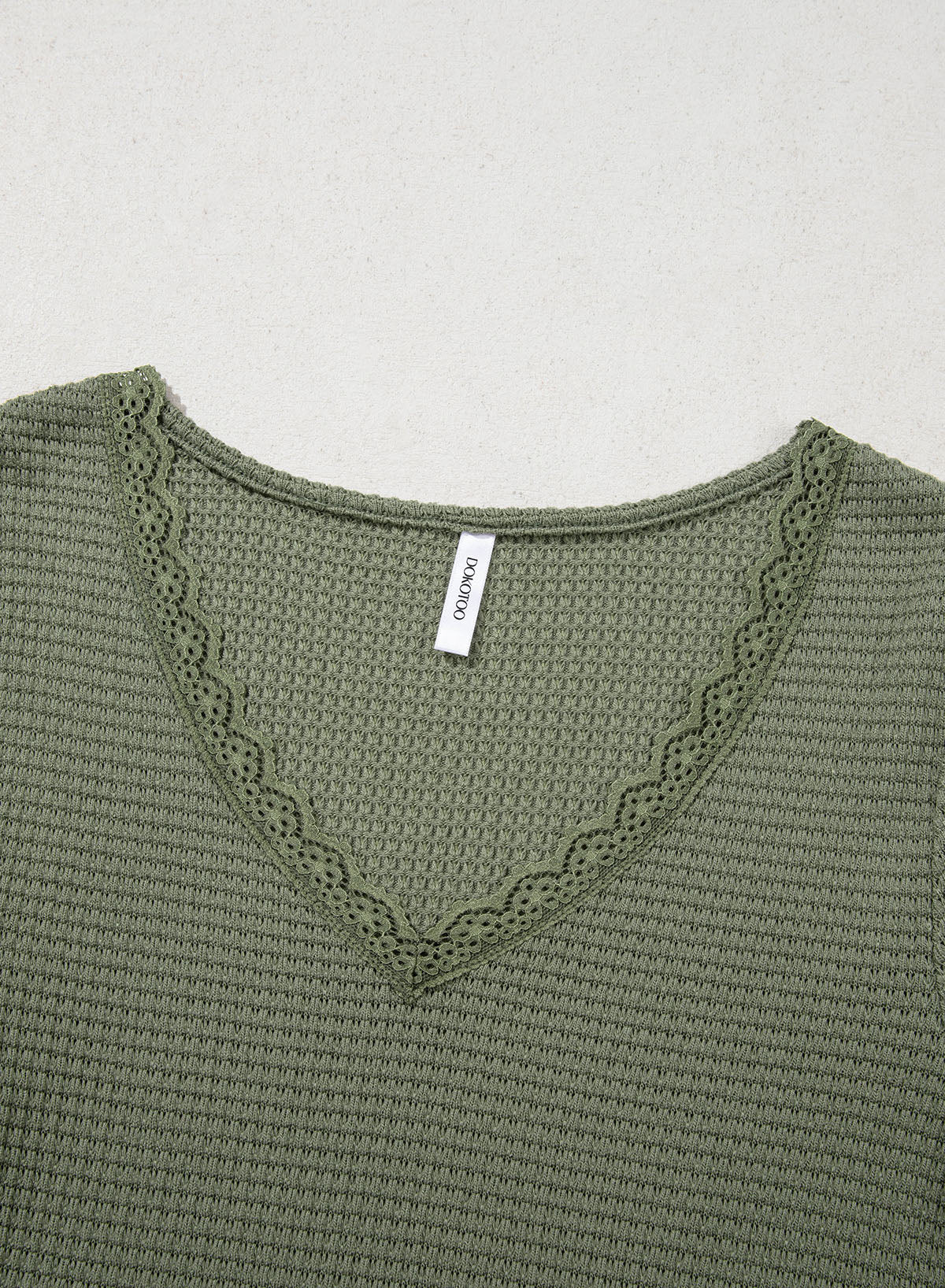 Women Casual Waffle Lace Splice 3/4 Sleeve Tops