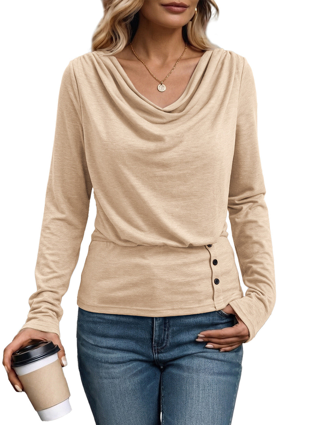 Women's Cowl Neck Long Sleeve Shirts Dressy Tops