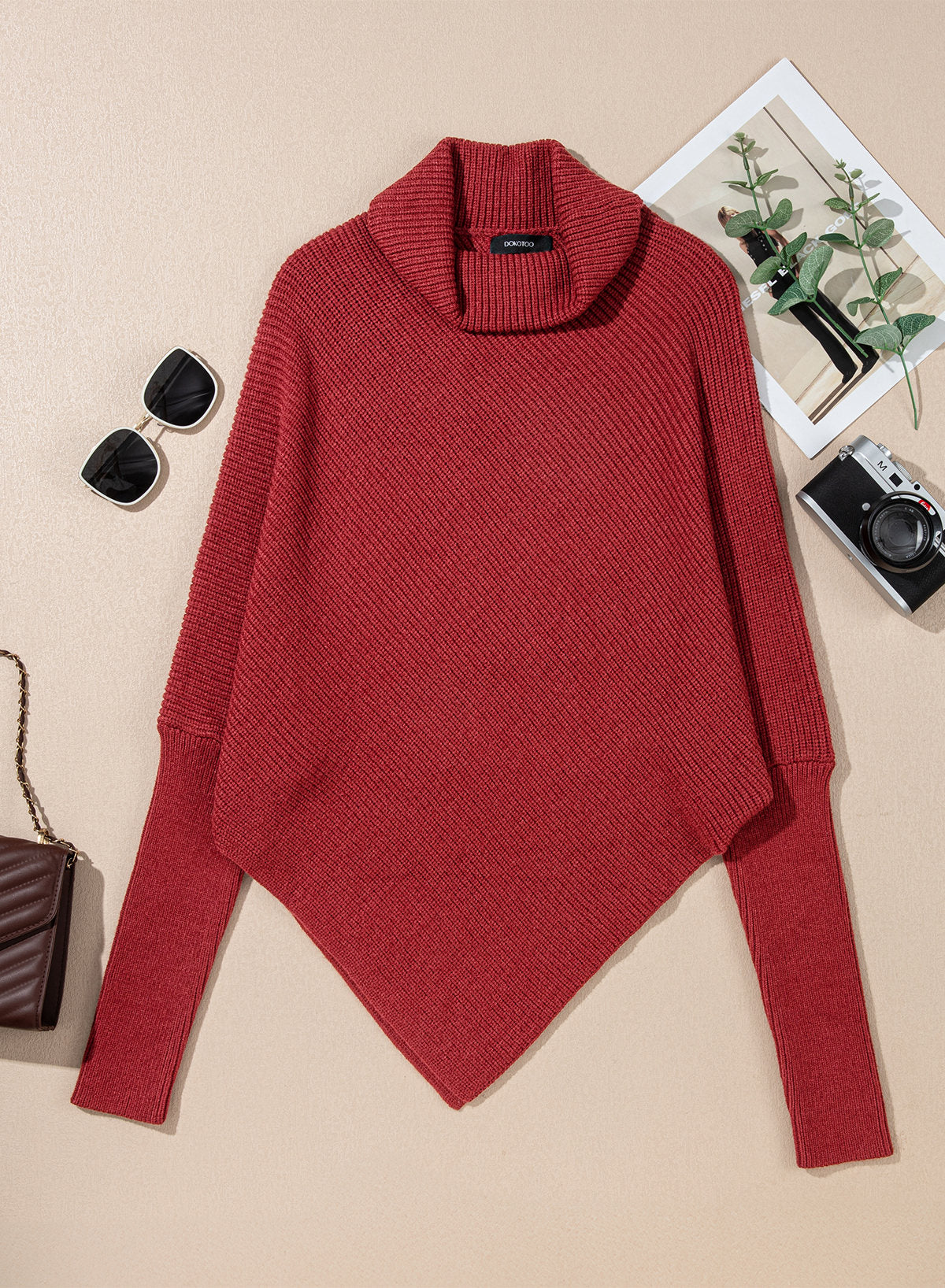 Women's Turtleneck Asymmetrical  Oversized Batwing Sleeve Sweaters