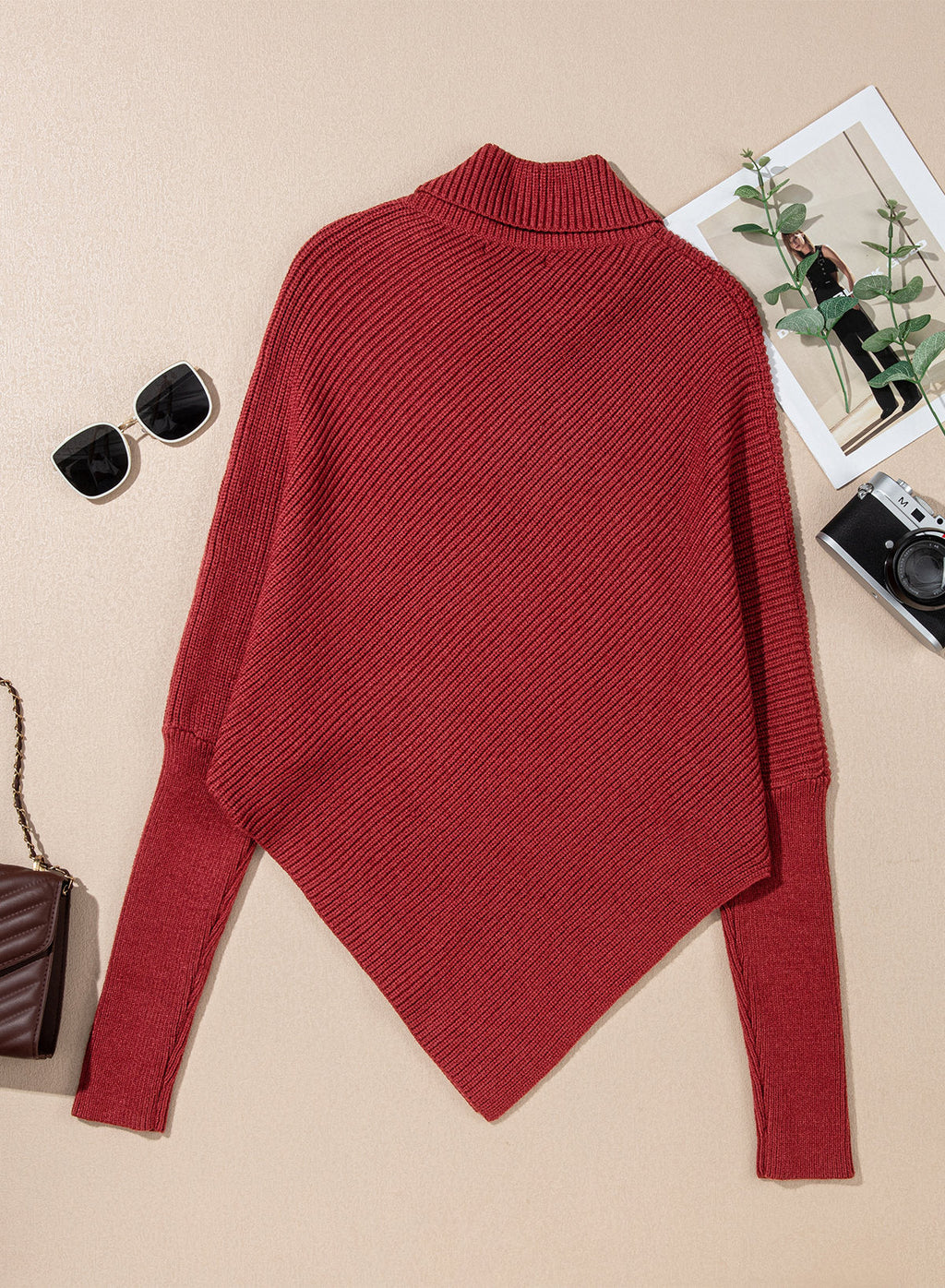 Women's Turtleneck Asymmetrical  Oversized Batwing Sleeve Sweaters