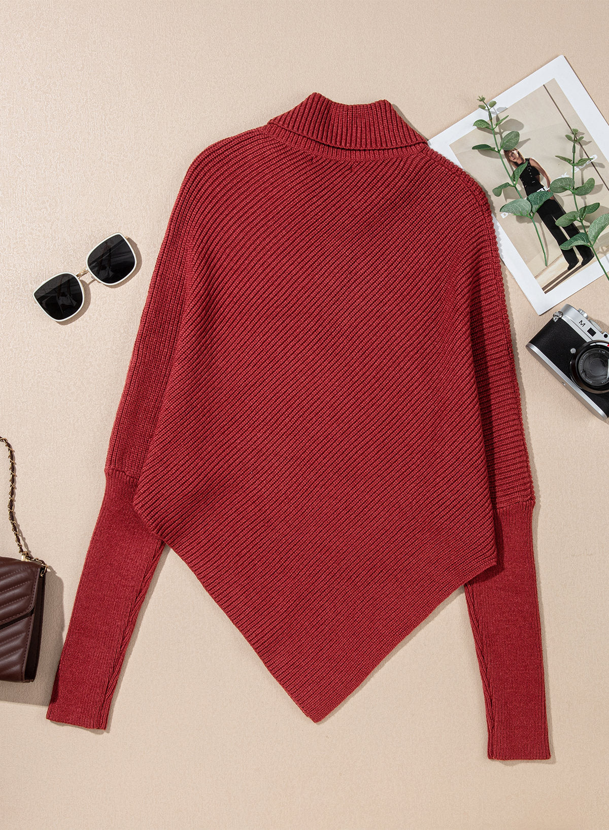 Women's Turtleneck Asymmetrical  Oversized Batwing Sleeve Sweaters