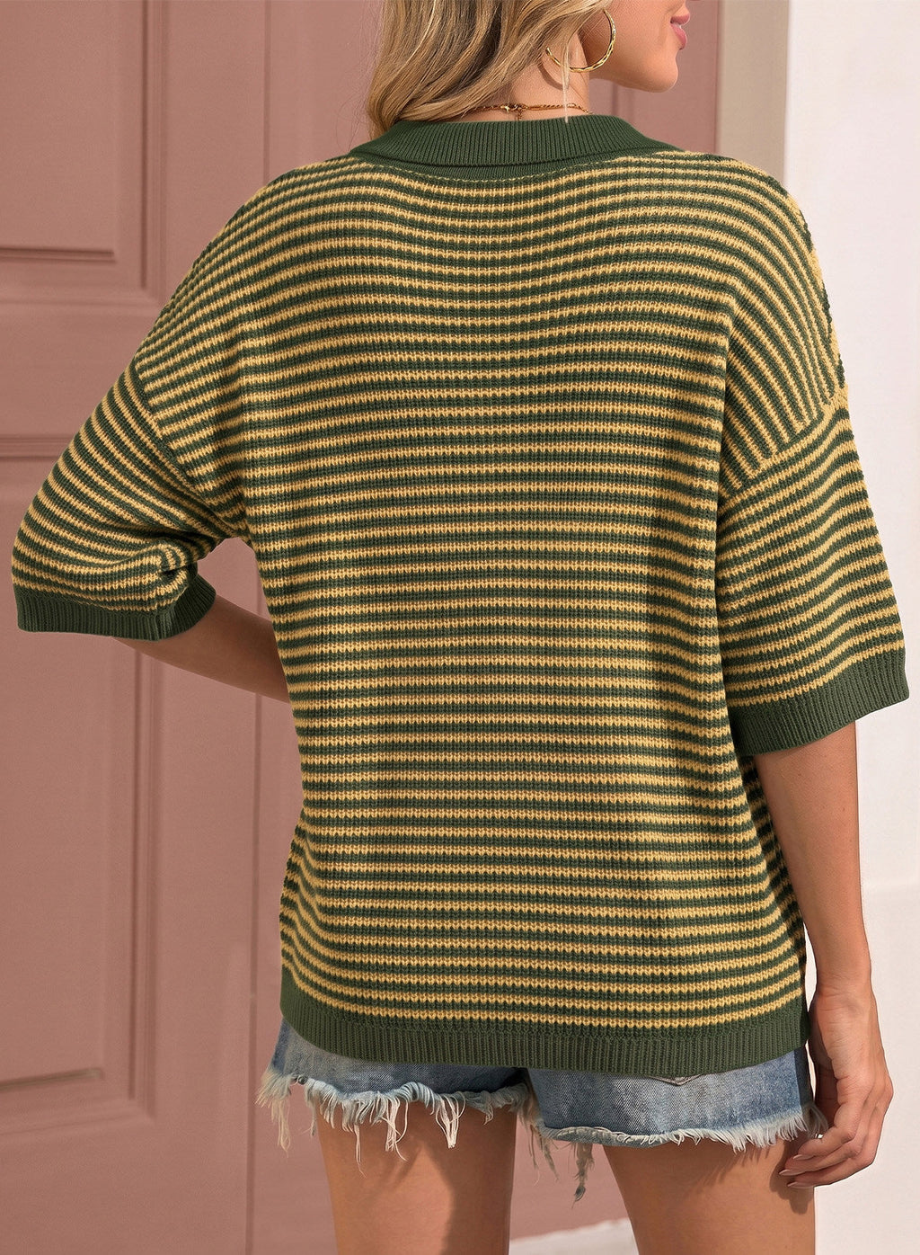 Collared Neck Contrast Striped Top and Shorts Sweater Set