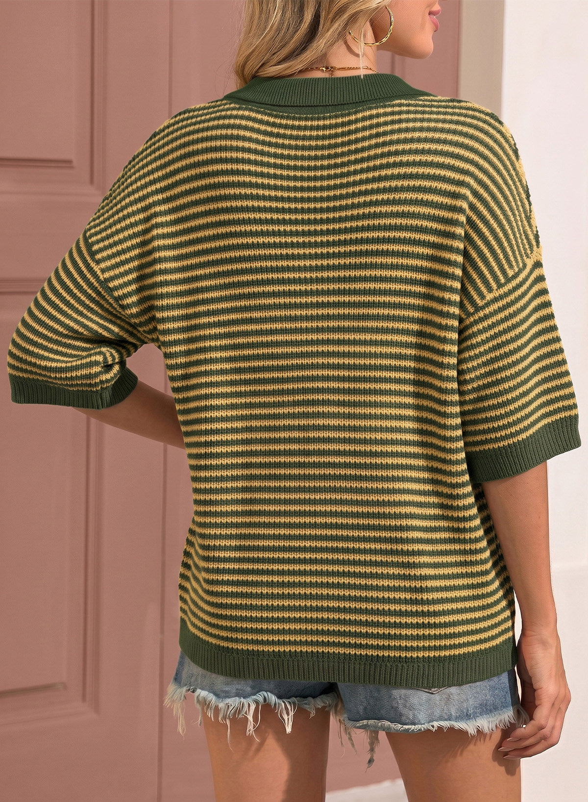 Collared Neck Contrast Striped Top and Shorts Sweater Set