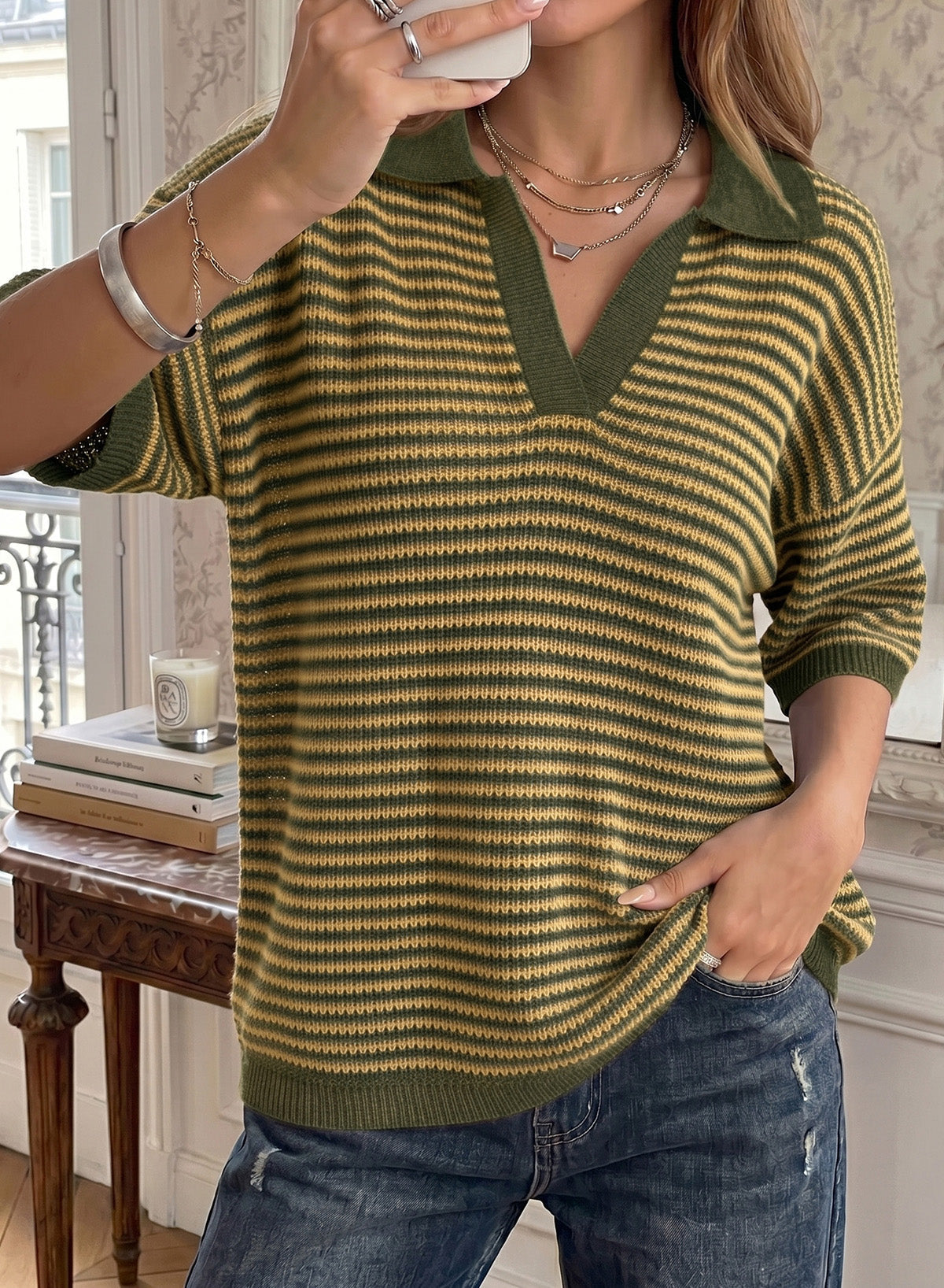 Collared Neck Contrast Striped Top and Shorts Sweater Set