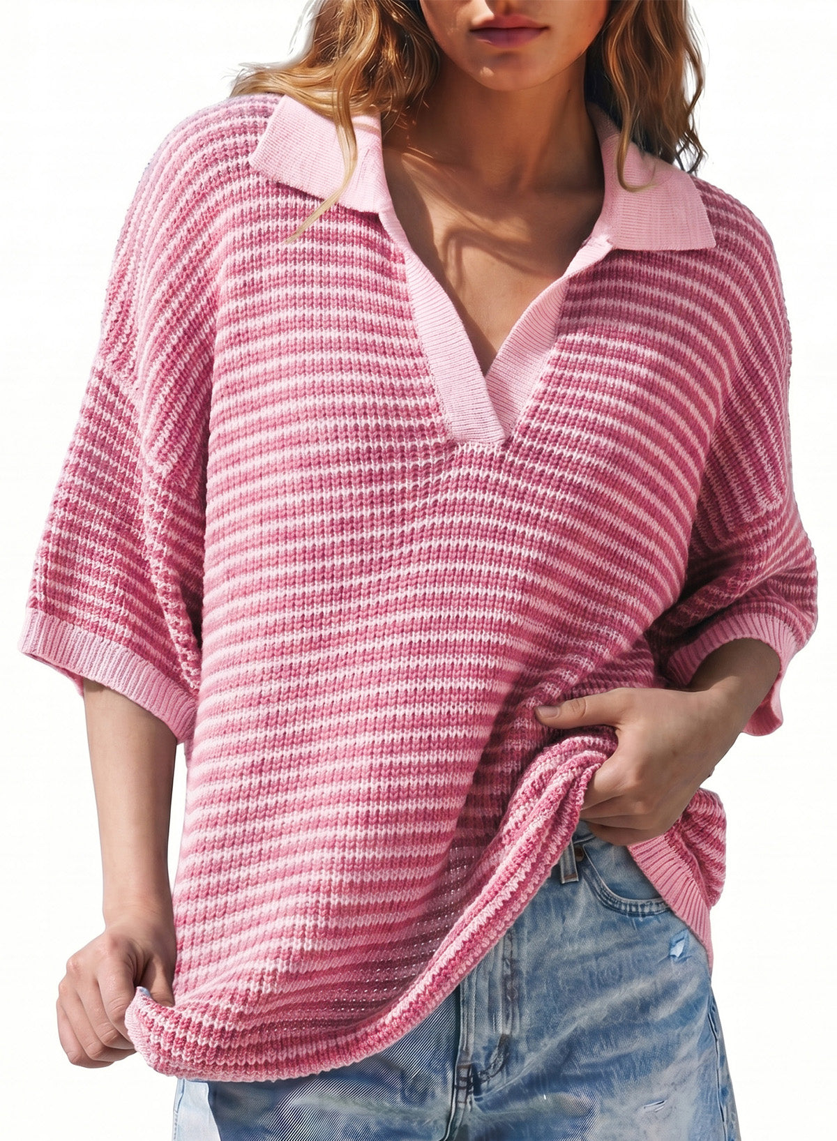 Collared Neck Contrast Striped Top and Shorts Sweater Set