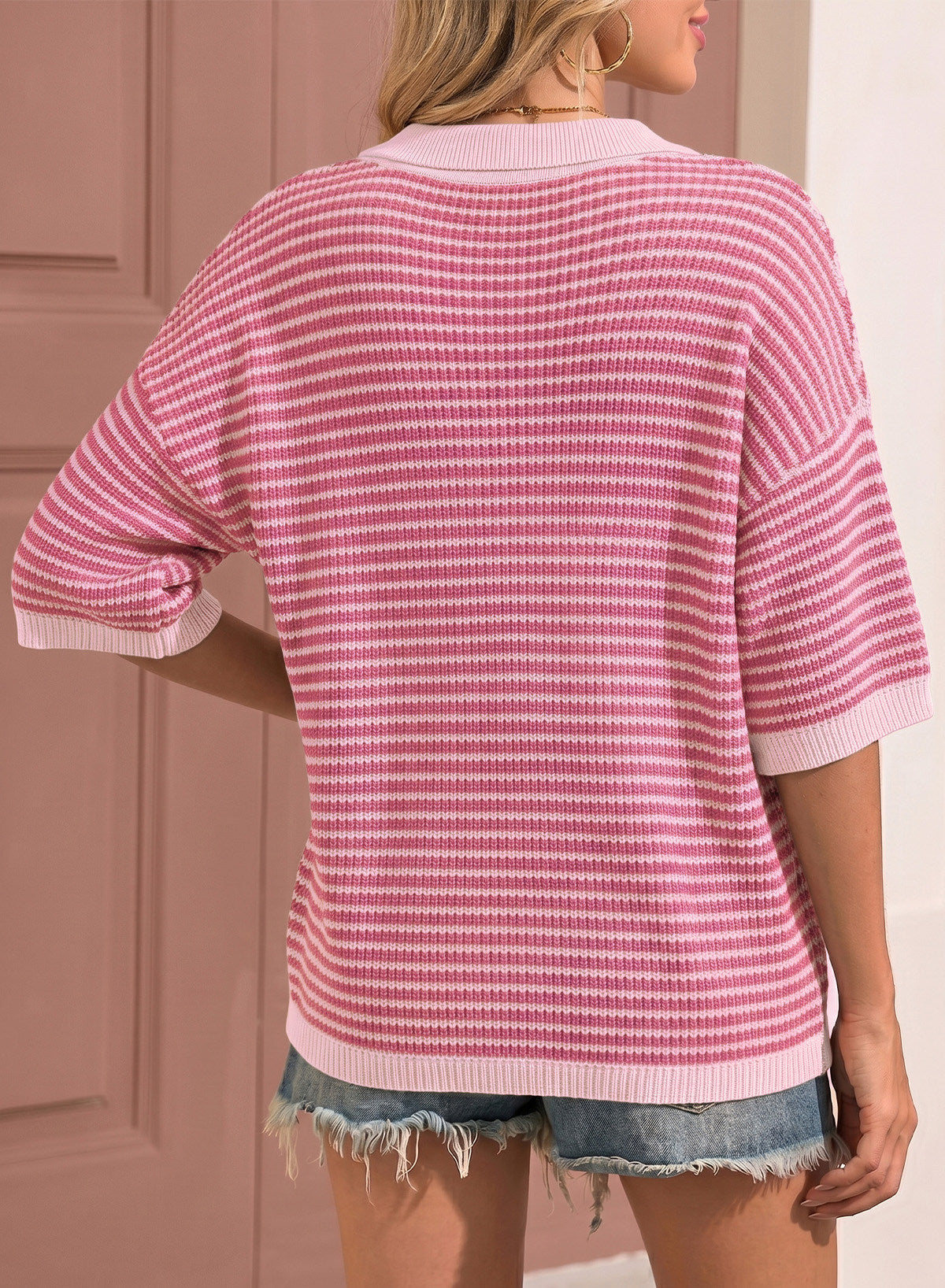 Collared Neck Contrast Striped Top and Shorts Sweater Set