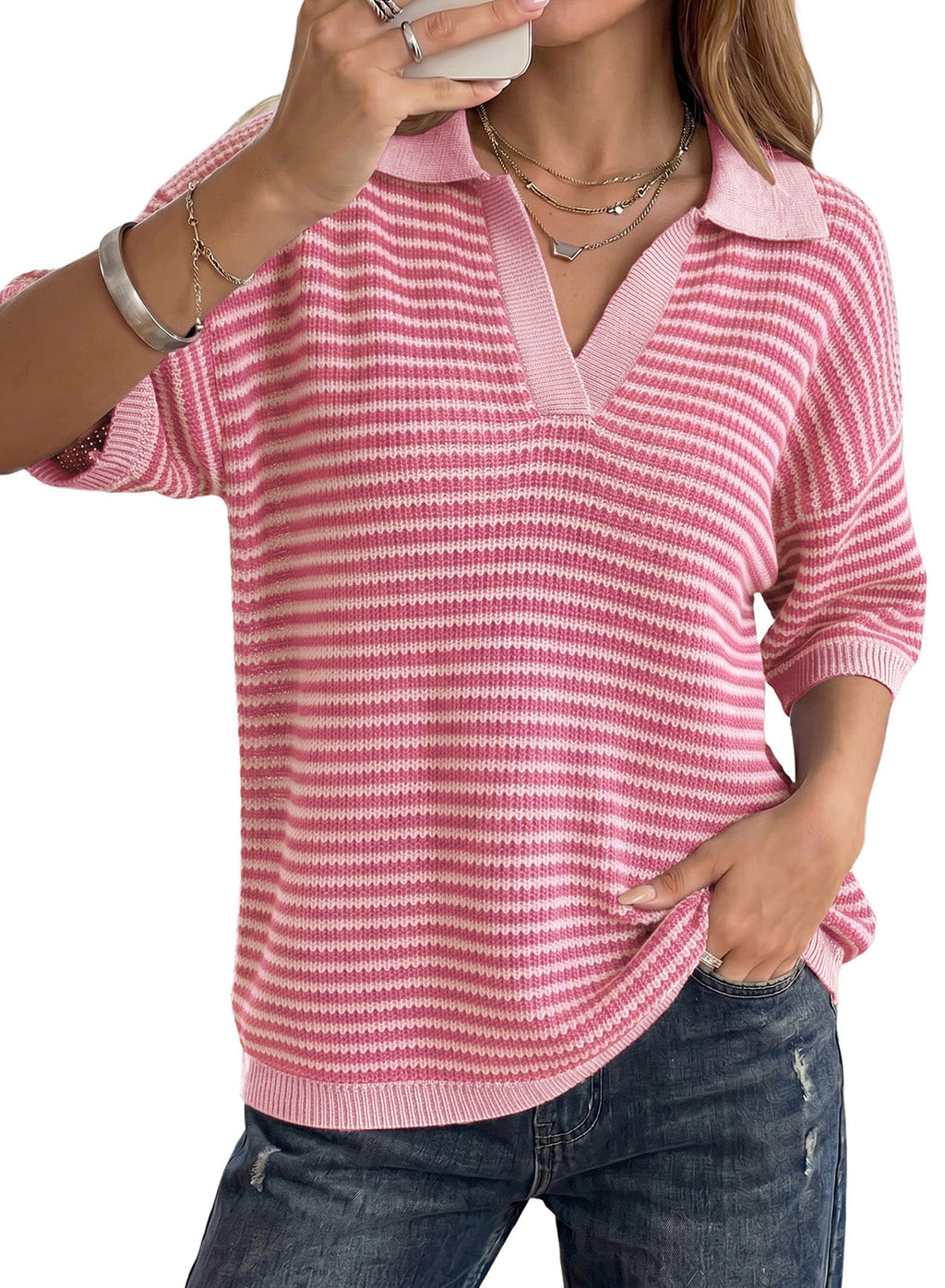 Collared Neck Contrast Striped Top and Shorts Sweater Set