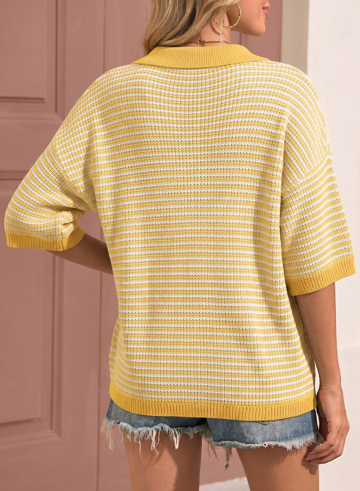 Collared Neck Contrast Striped Top and Shorts Sweater Set