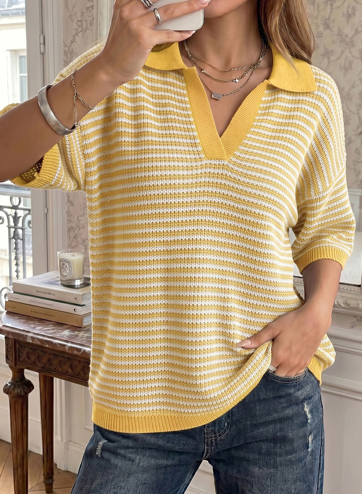 Collared Neck Contrast Striped Top and Shorts Sweater Set