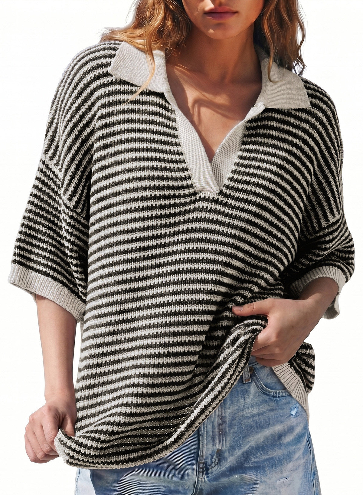 Collared Neck Contrast Striped Top and Shorts Sweater Set