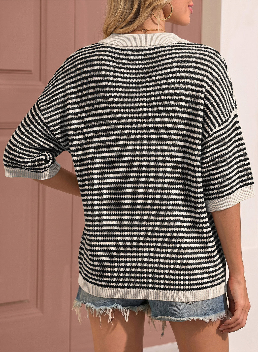 Collared Neck Contrast Striped Top and Shorts Sweater Set