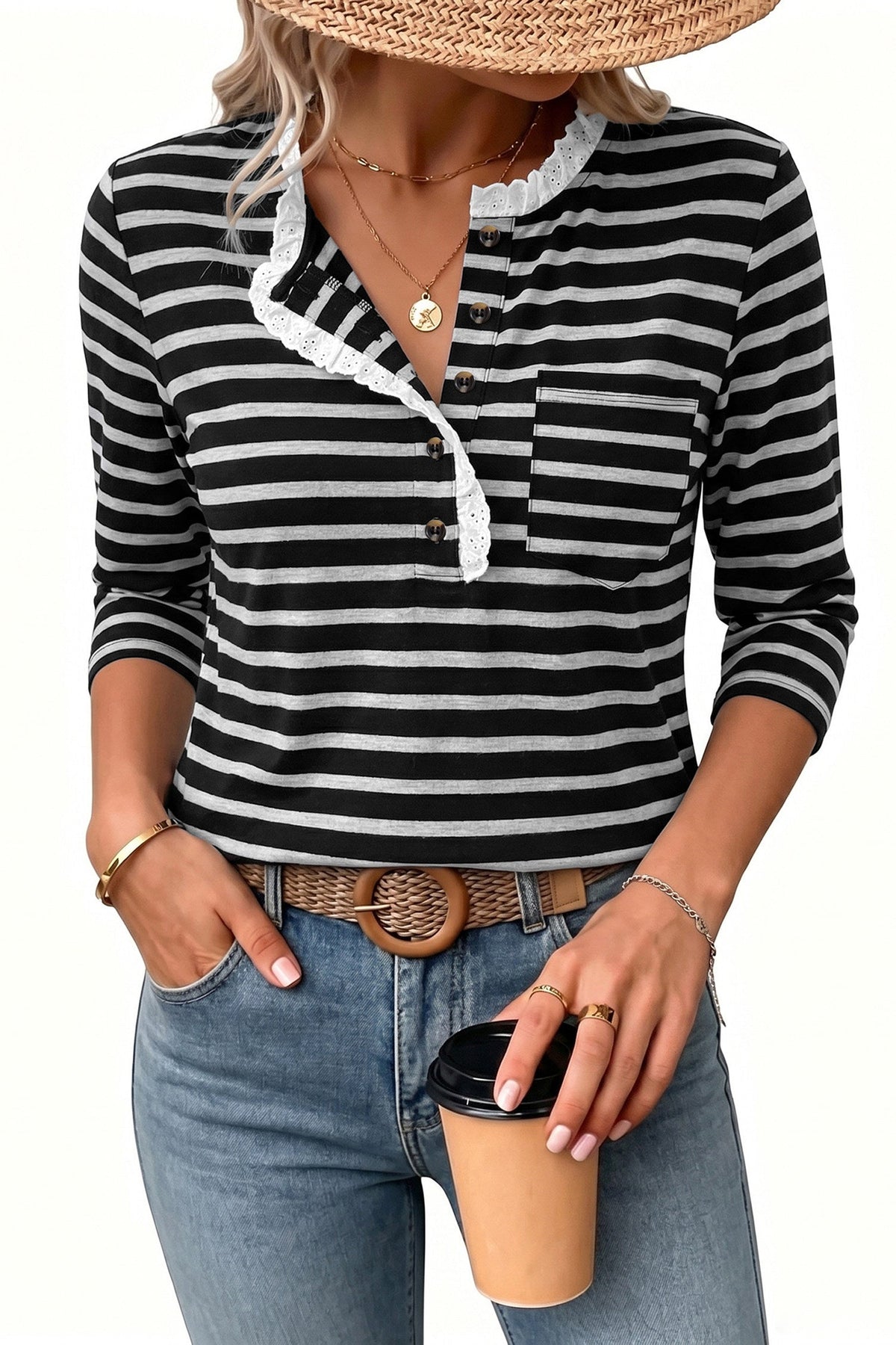 Womens Tops 3/4 Length Sleeve V Neck Loose Casual T Shirts