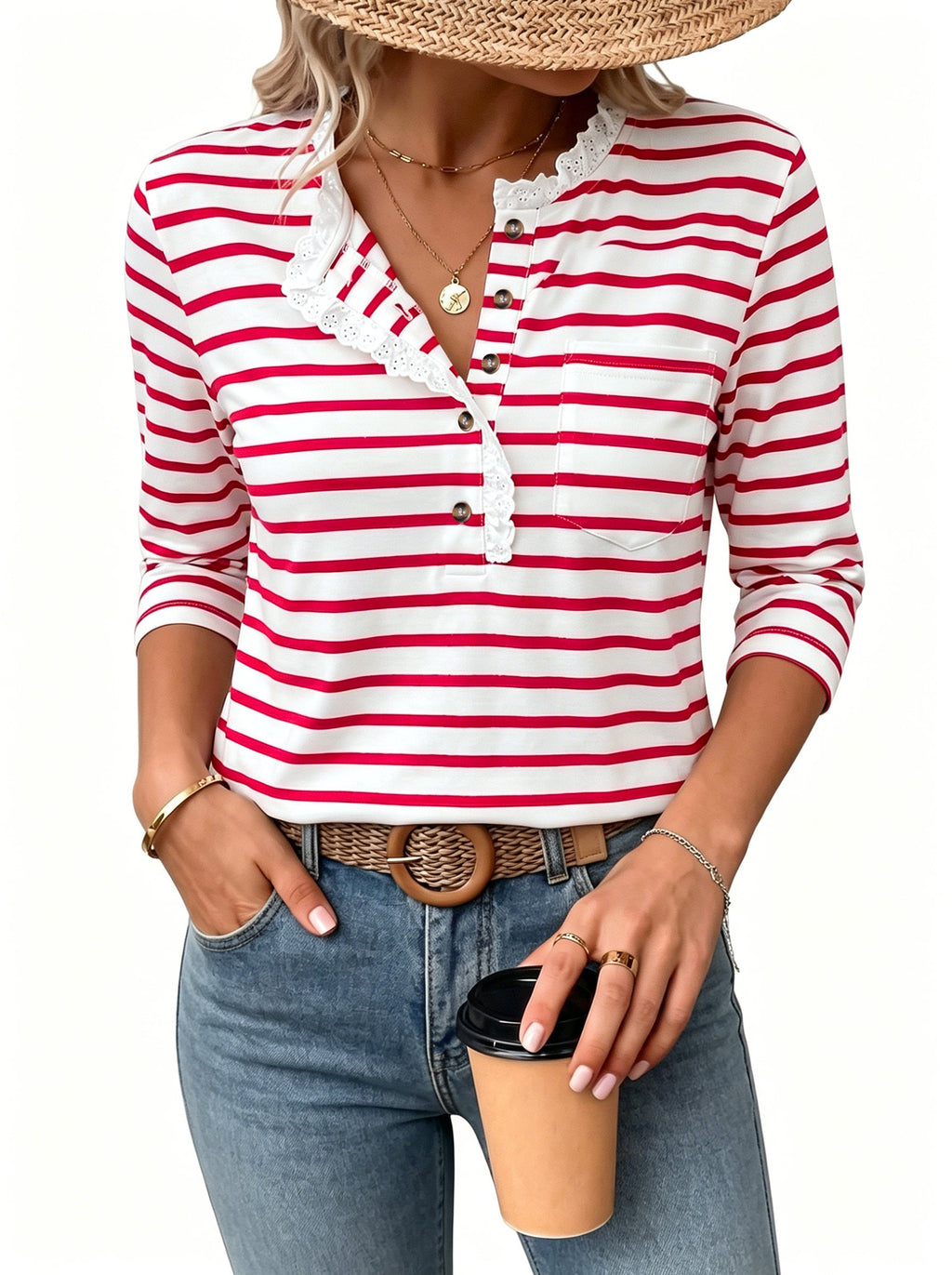 Womens Tops 3/4 Length Sleeve V Neck Loose Casual T Shirts