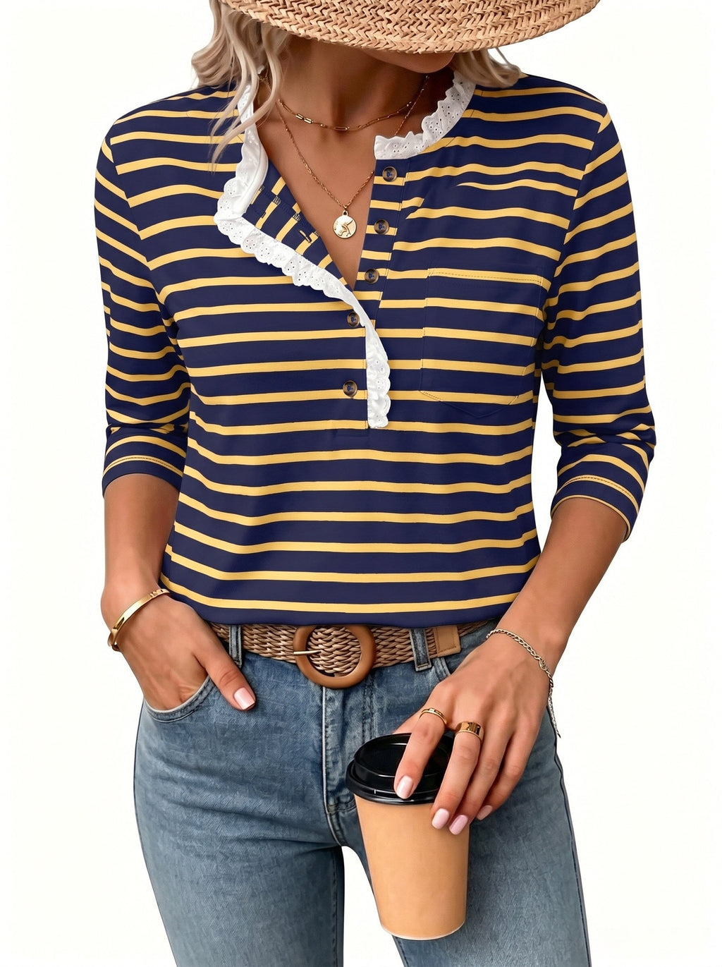Womens Tops 3/4 Length Sleeve V Neck Loose Casual T Shirts
