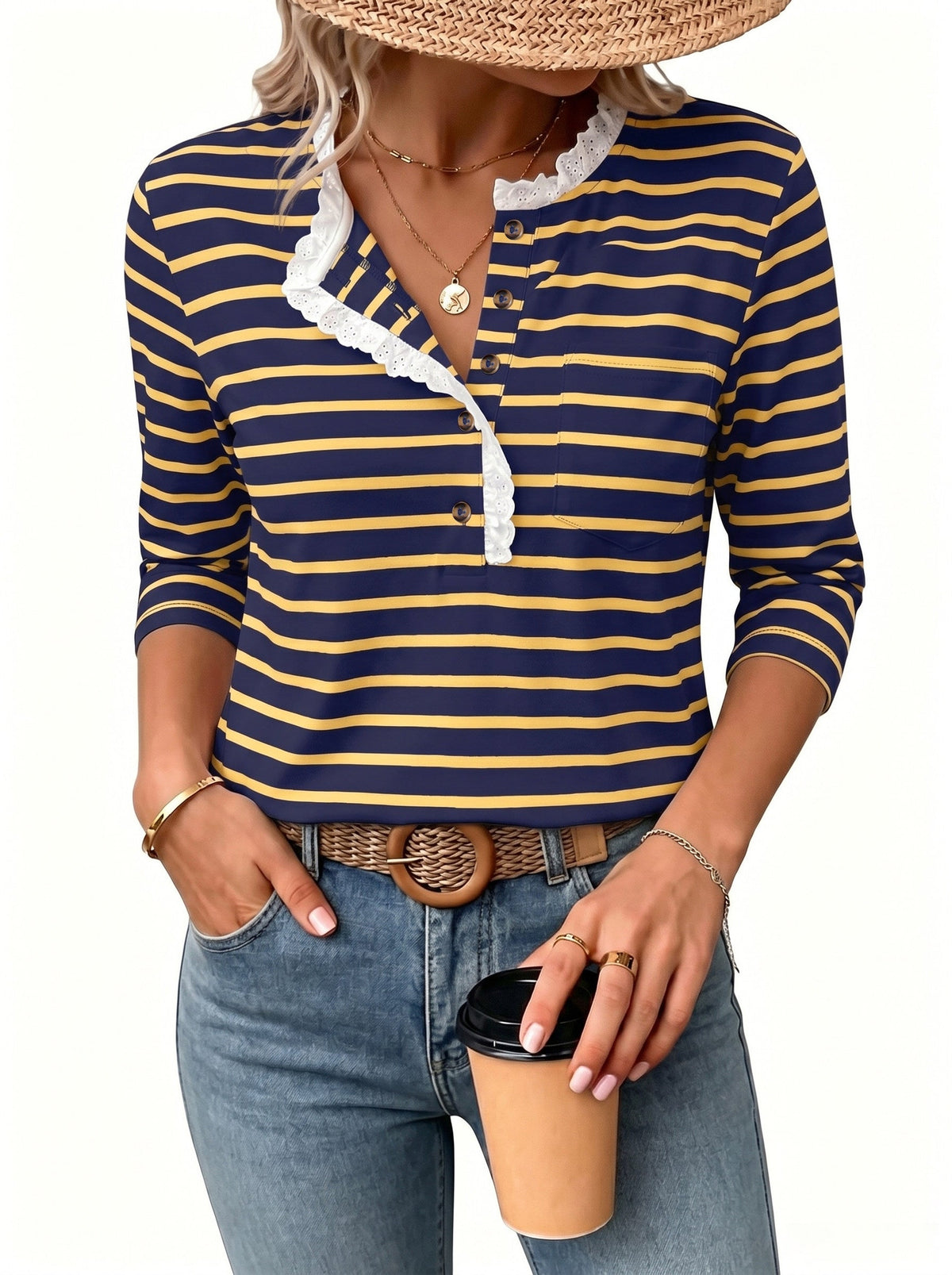 Womens Tops 3/4 Length Sleeve V Neck Loose Casual T Shirts