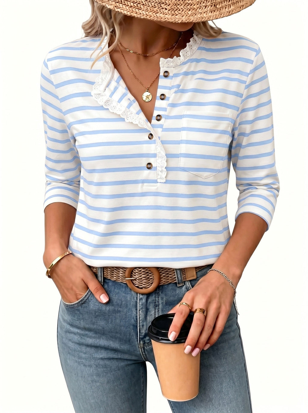 Womens Tops 3/4 Length Sleeve V Neck Loose Casual T Shirts