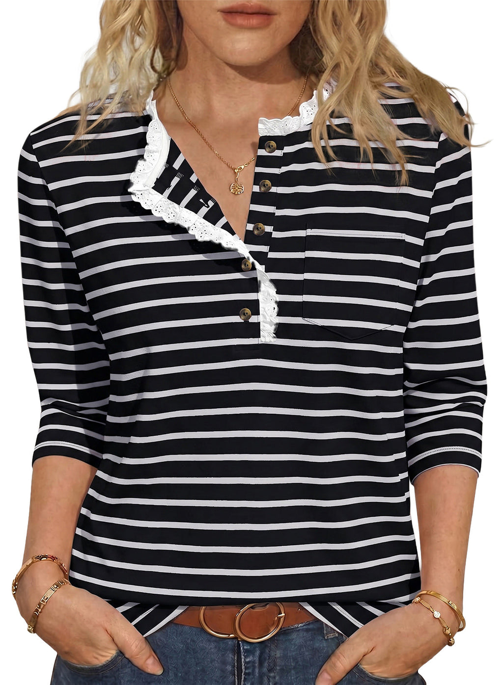 Womens Tops 3/4 Length Sleeve V Neck Loose Casual T Shirts