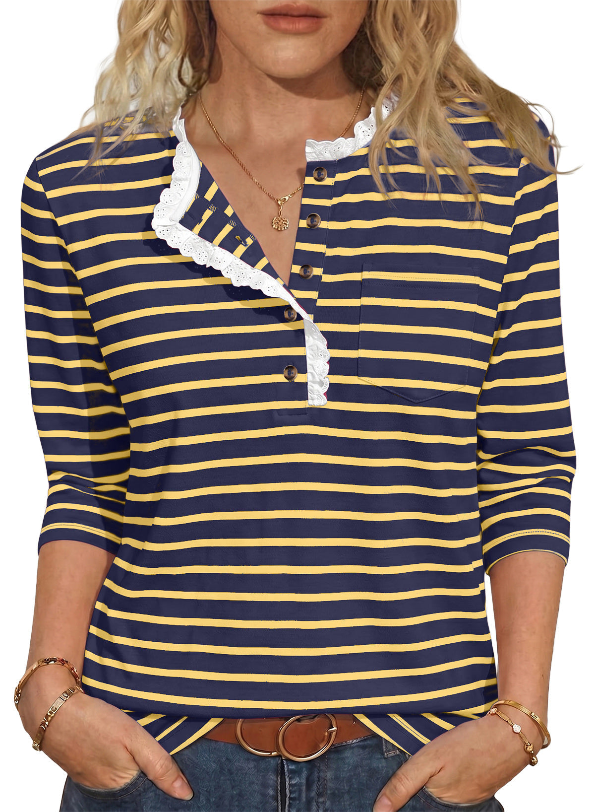 Womens Tops 3/4 Length Sleeve V Neck Loose Casual T Shirts
