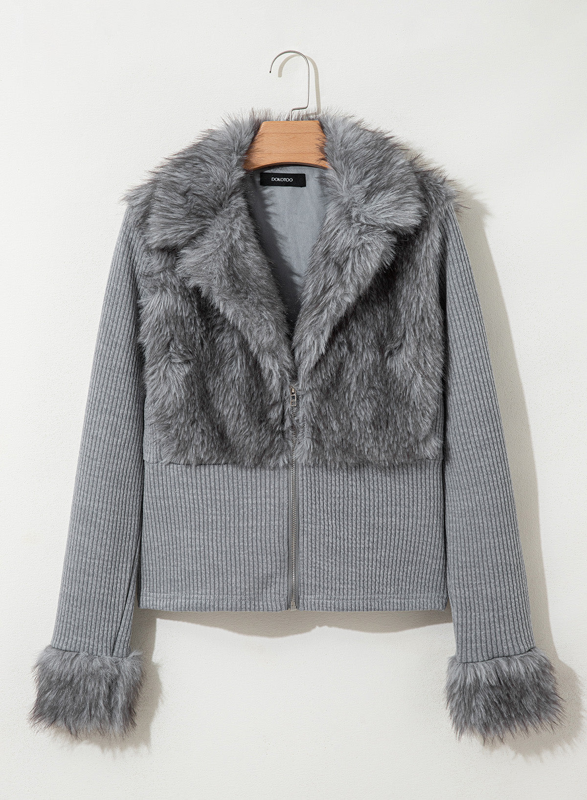 Fashionable Street Style Women's Dark Grey Faux Fur Zip-Up Long Sleeve Jacket, Autumn Clothing,Fall,Fall Clothes For Women