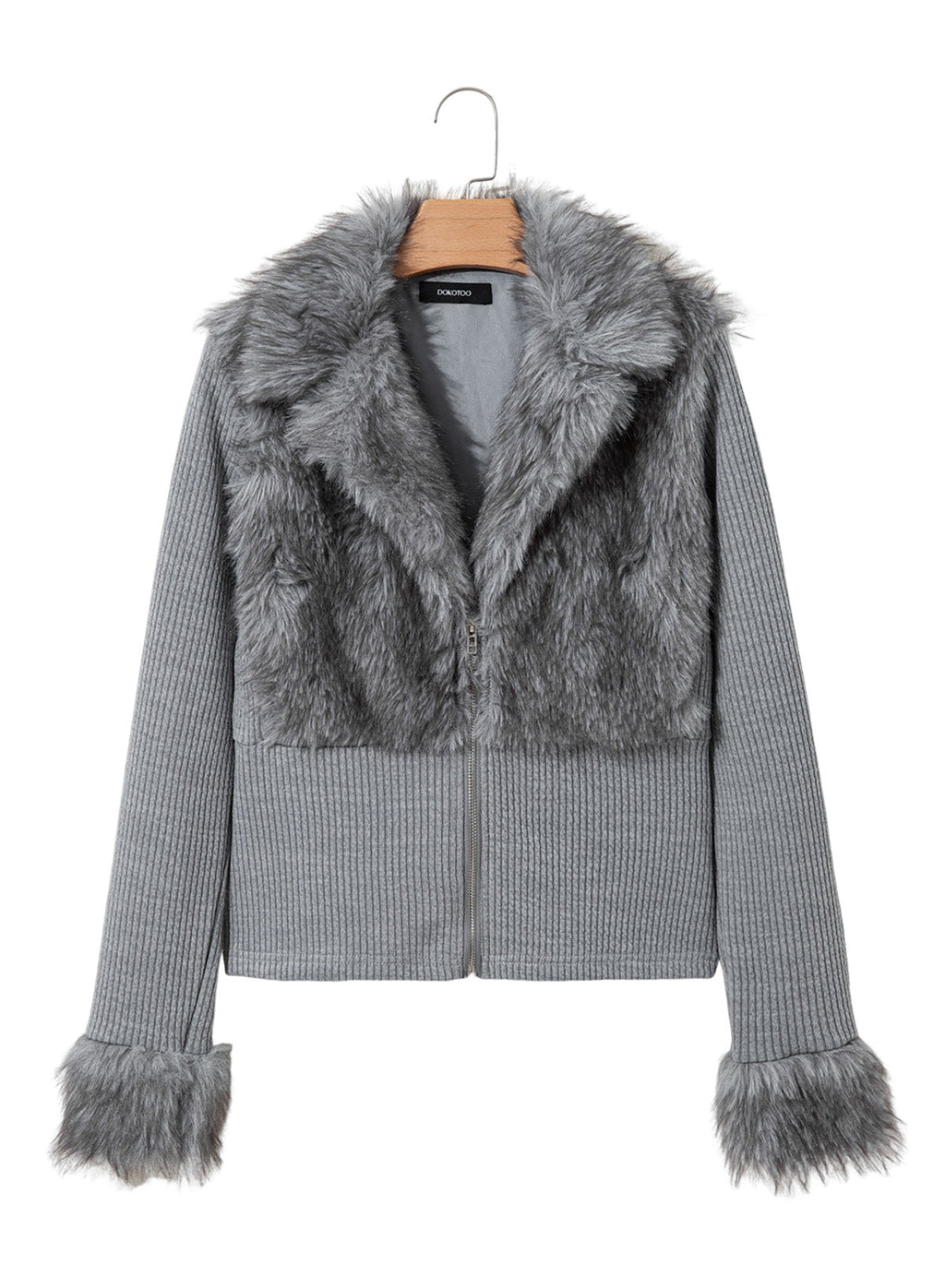 Fashionable Street Style Women's Dark Grey Faux Fur Zip-Up Long Sleeve Jacket, Autumn Clothing,Fall,Fall Clothes For Women