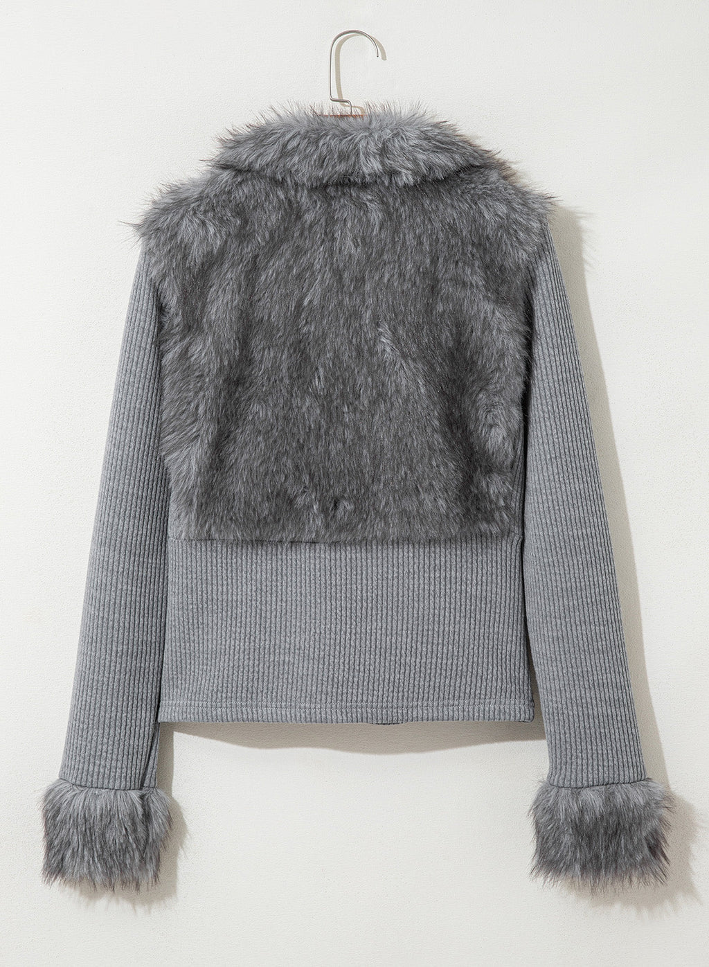 Fashionable Street Style Women's Dark Grey Faux Fur Zip-Up Long Sleeve Jacket, Autumn Clothing,Fall,Fall Clothes For Women