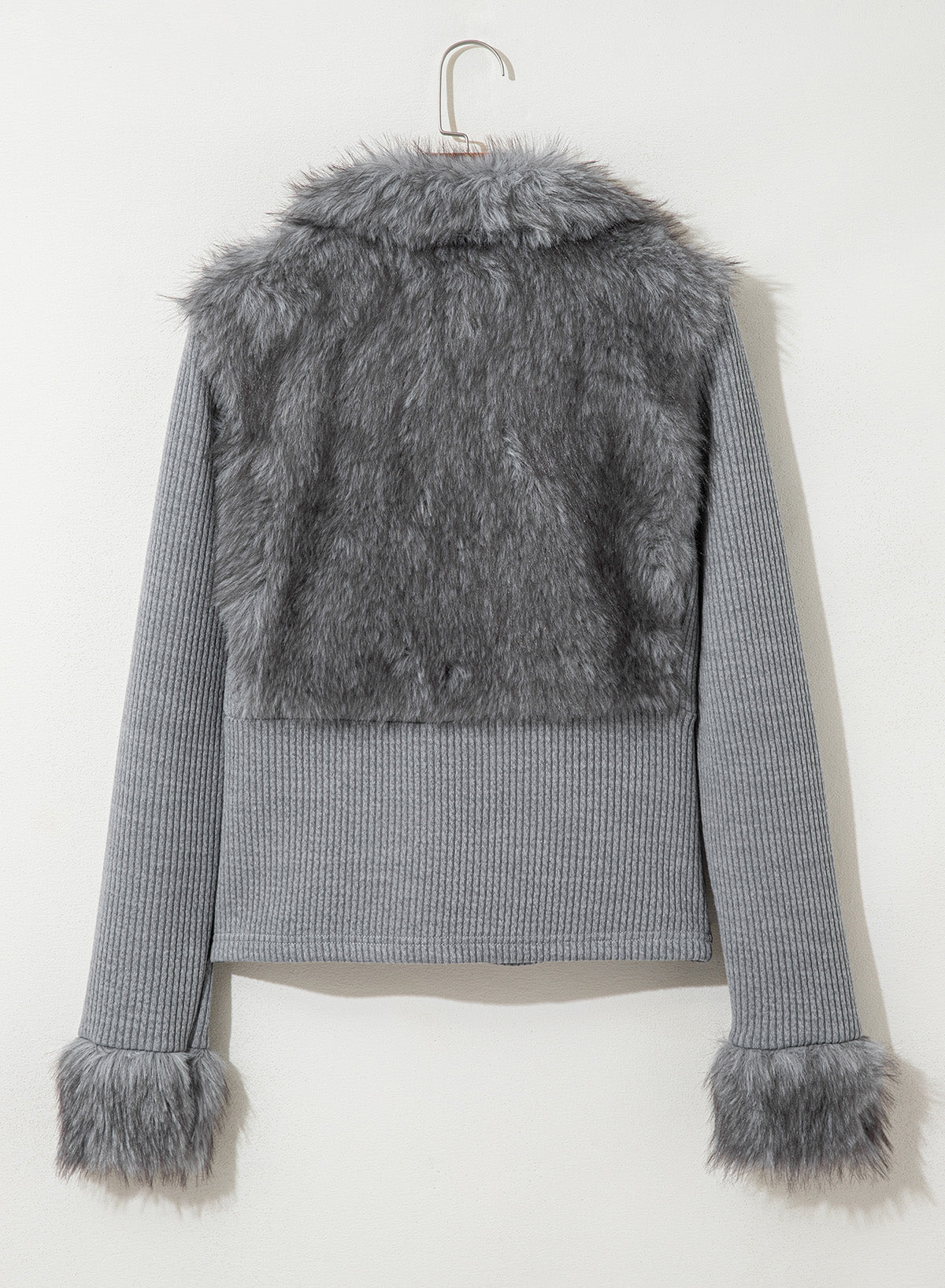 Fashionable Street Style Women's Dark Grey Faux Fur Zip-Up Long Sleeve Jacket, Autumn Clothing,Fall,Fall Clothes For Women