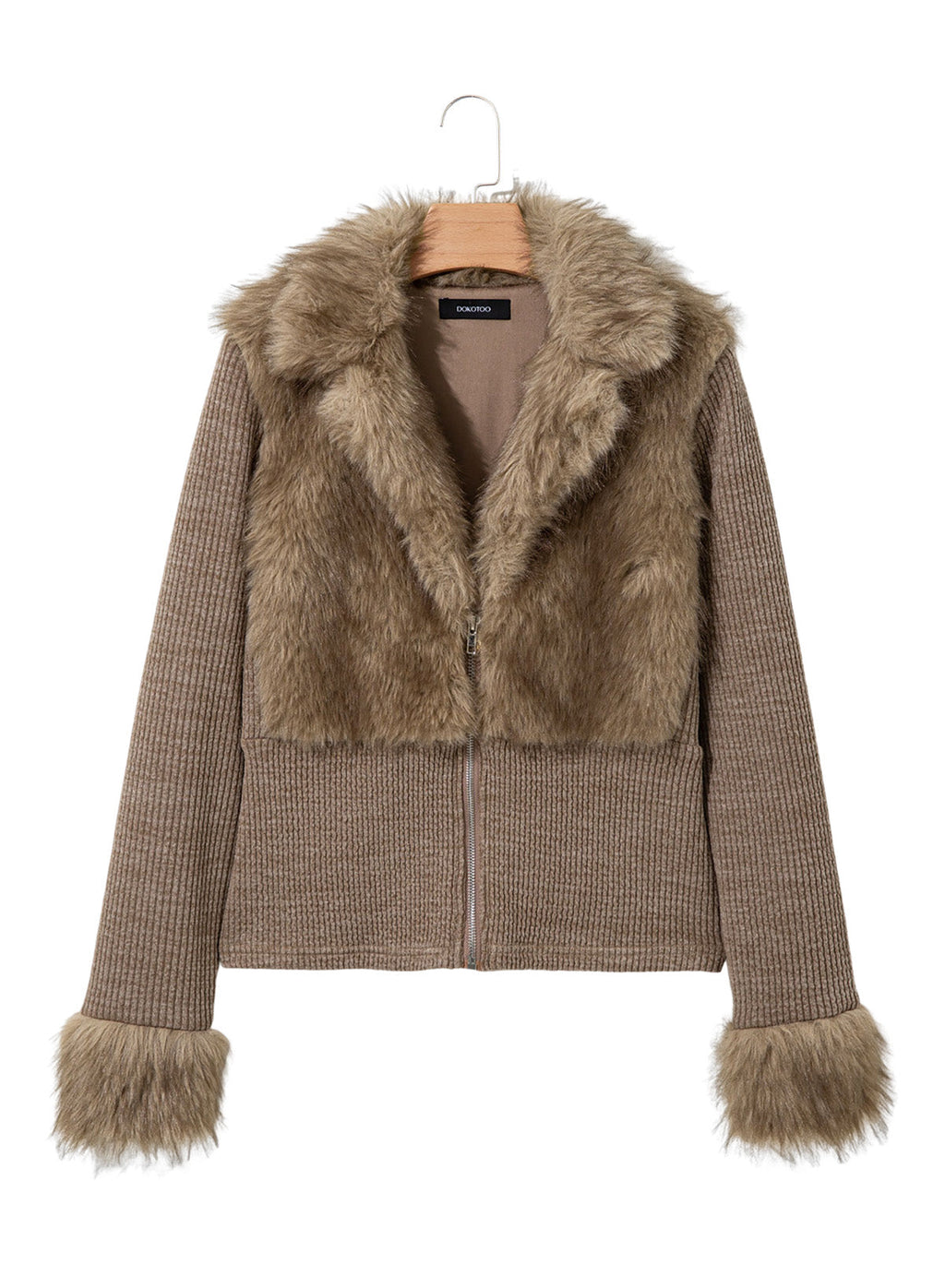 Fashionable Street Style Women's Dark Grey Faux Fur Zip-Up Long Sleeve Jacket, Autumn Clothing,Fall,Fall Clothes For Women