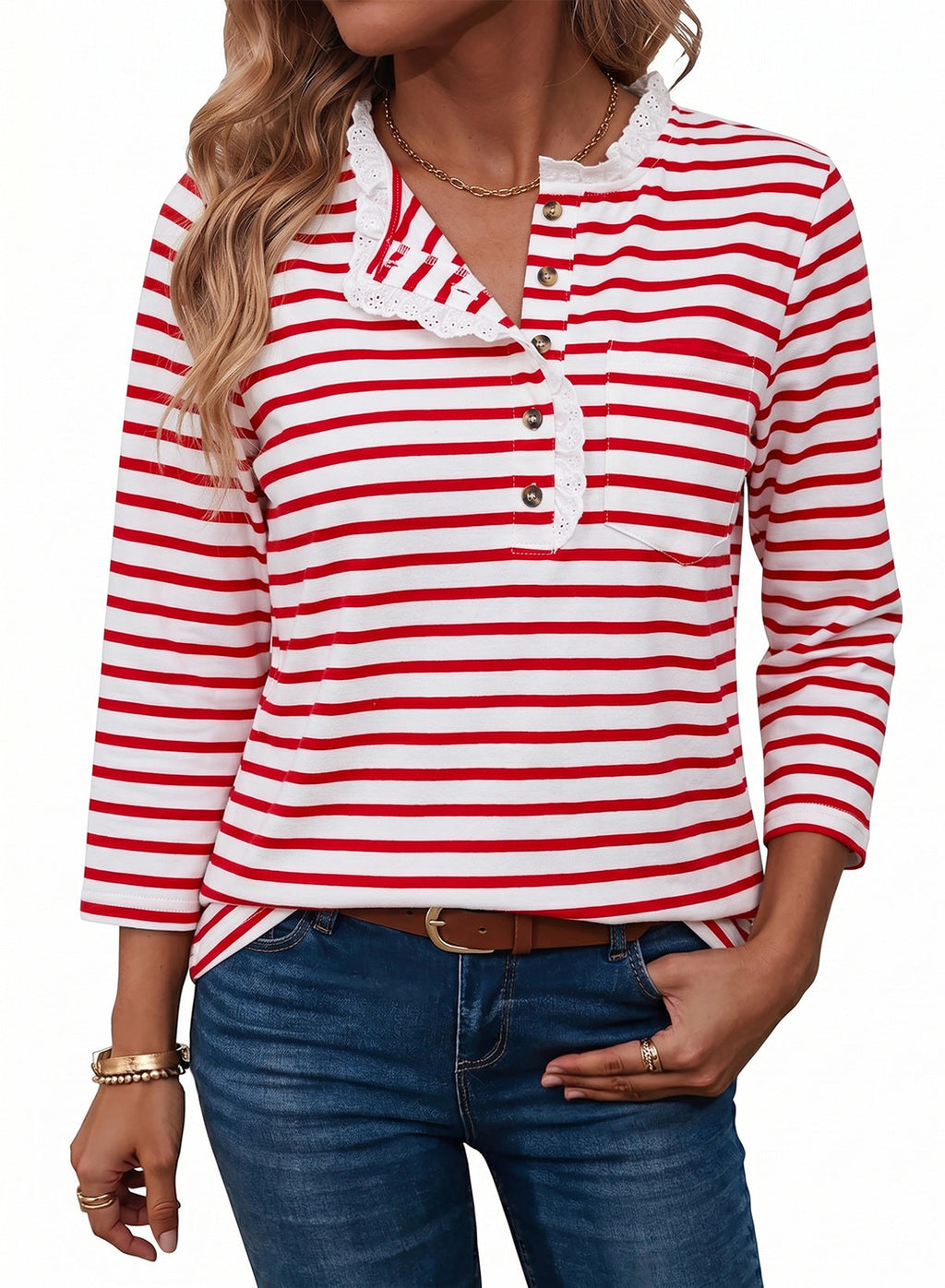 Womens Tops 3/4 Length Sleeve V Neck Loose Casual T Shirts