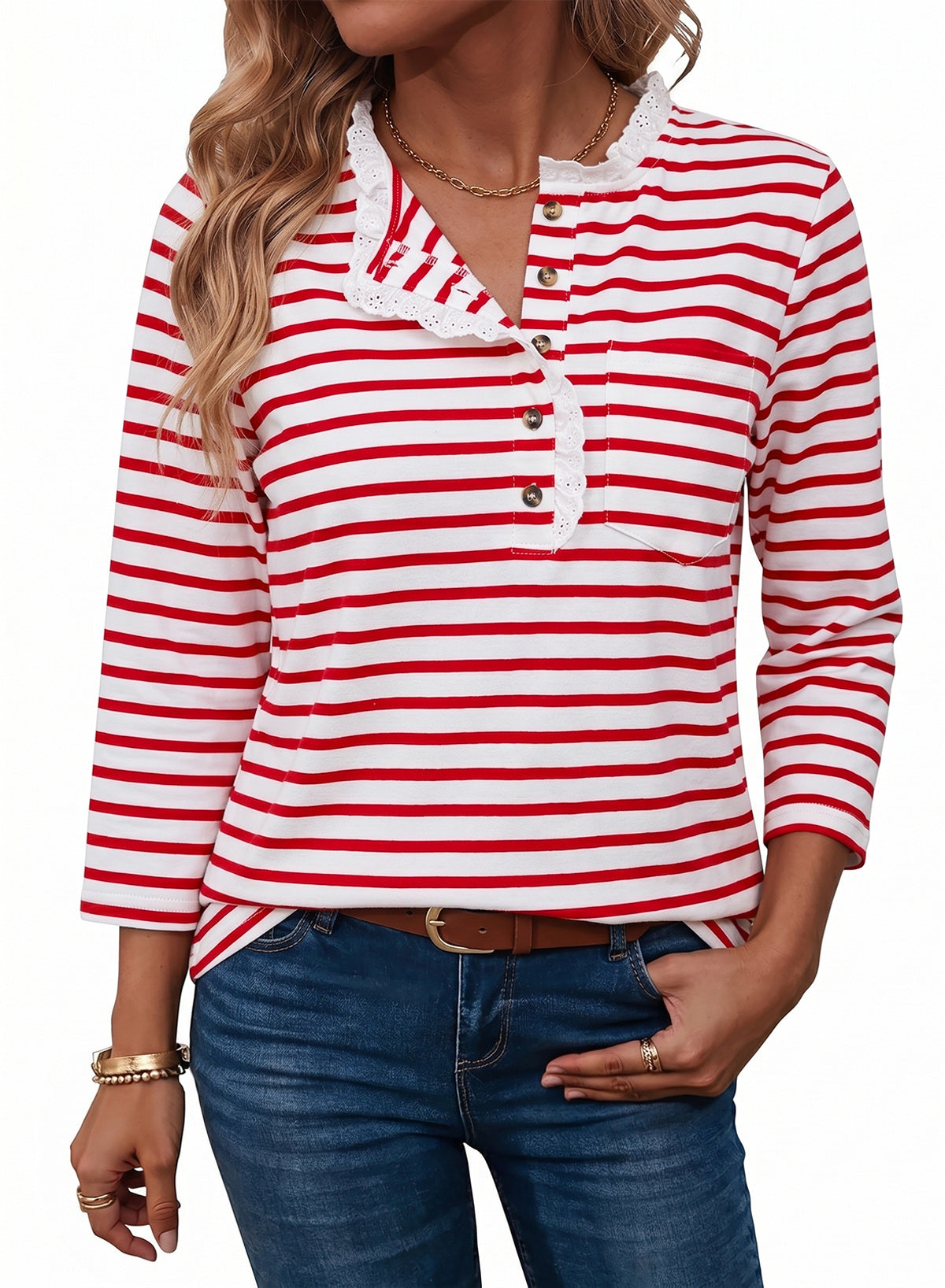 Womens Tops 3/4 Length Sleeve V Neck Loose Casual T Shirts