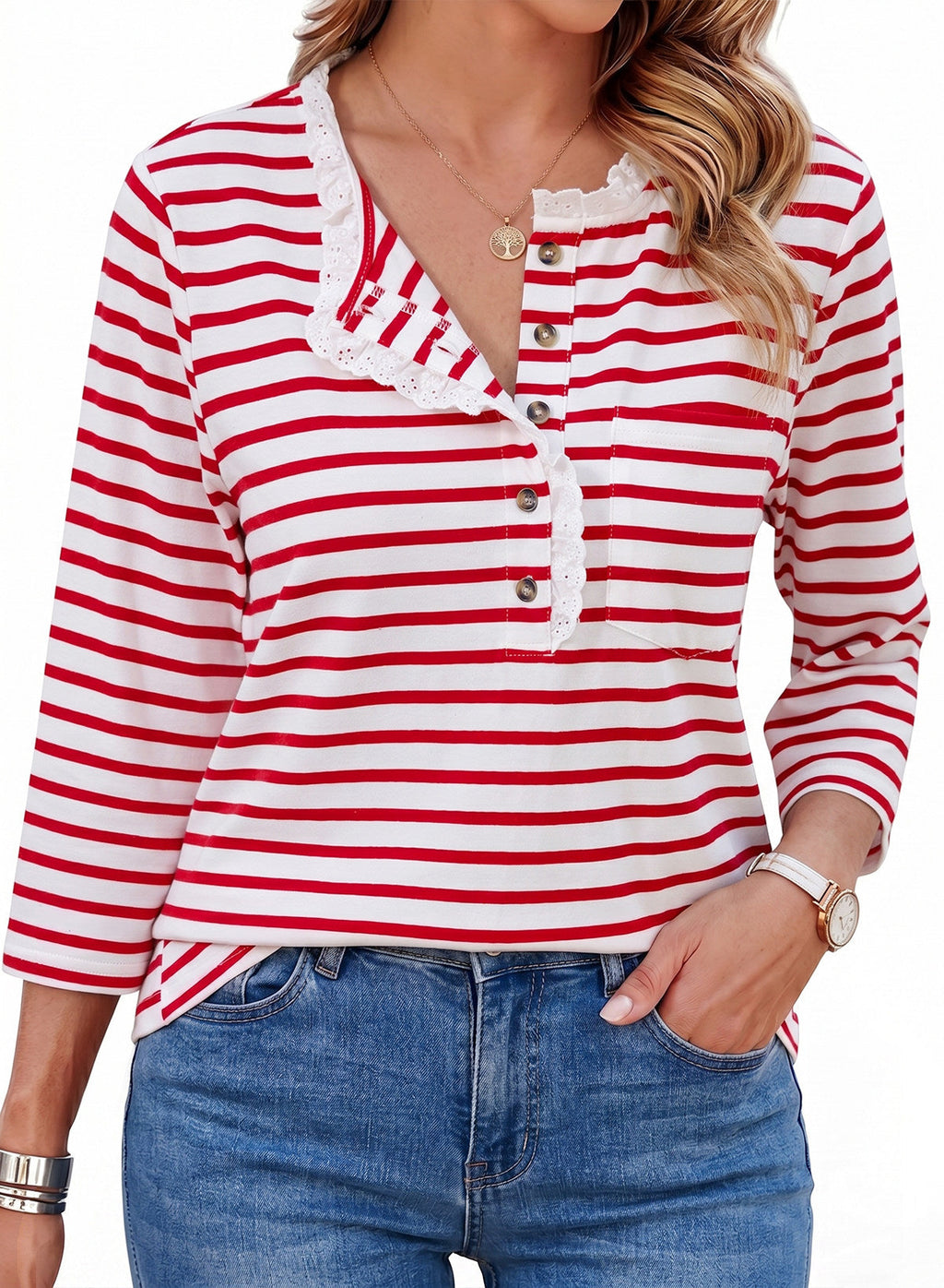 Womens Tops 3/4 Length Sleeve V Neck Loose Casual T Shirts