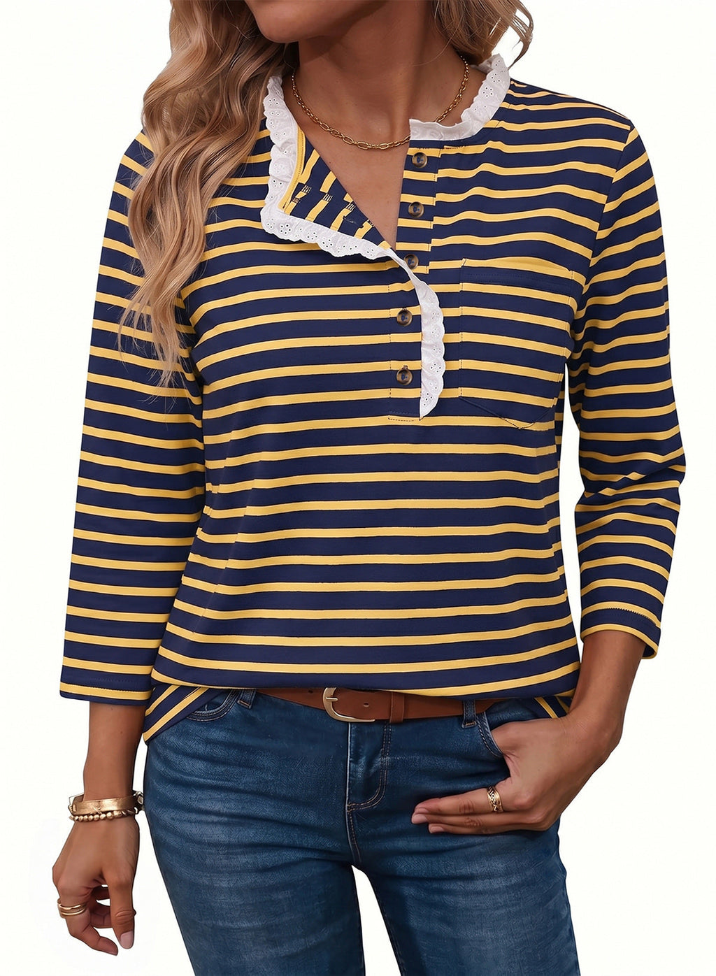 Womens Tops 3/4 Length Sleeve V Neck Loose Casual T Shirts
