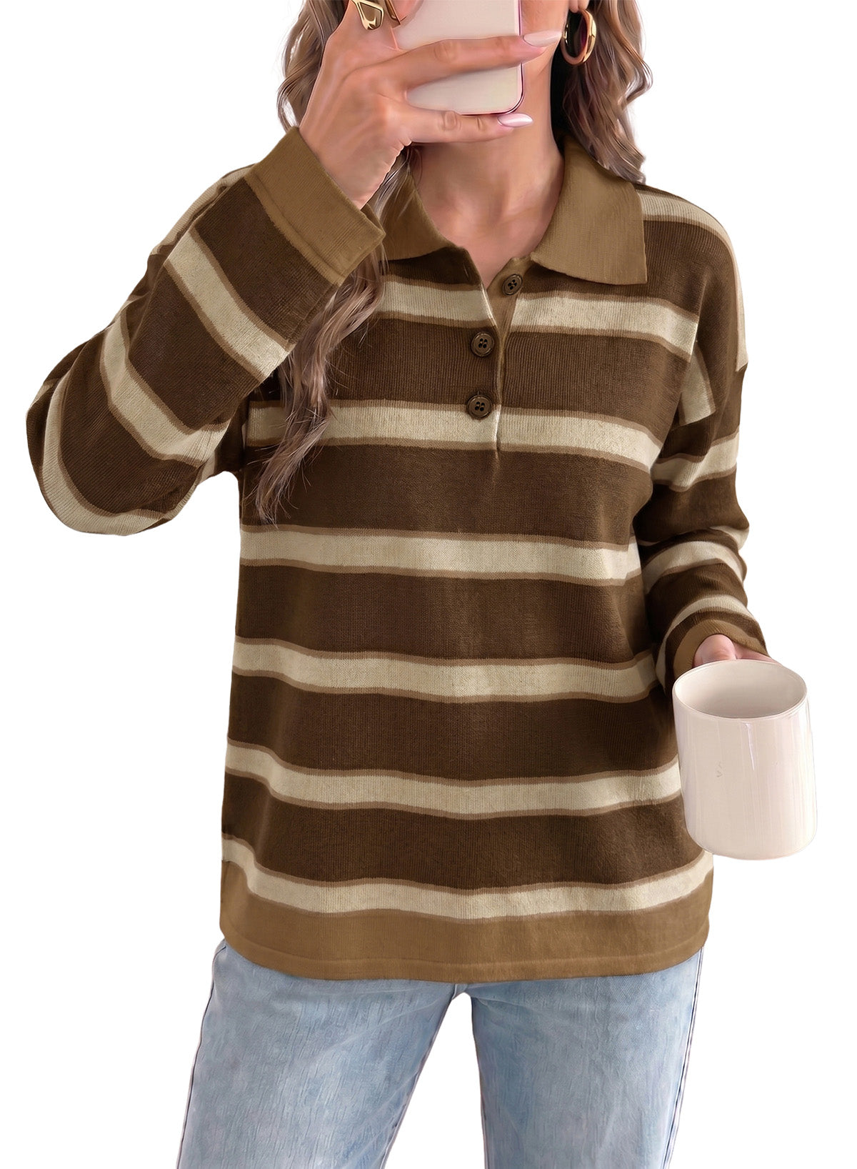 Dokotoo Sweaters for Women Oversized Striped Polo V Neck Knit Pullover Tops