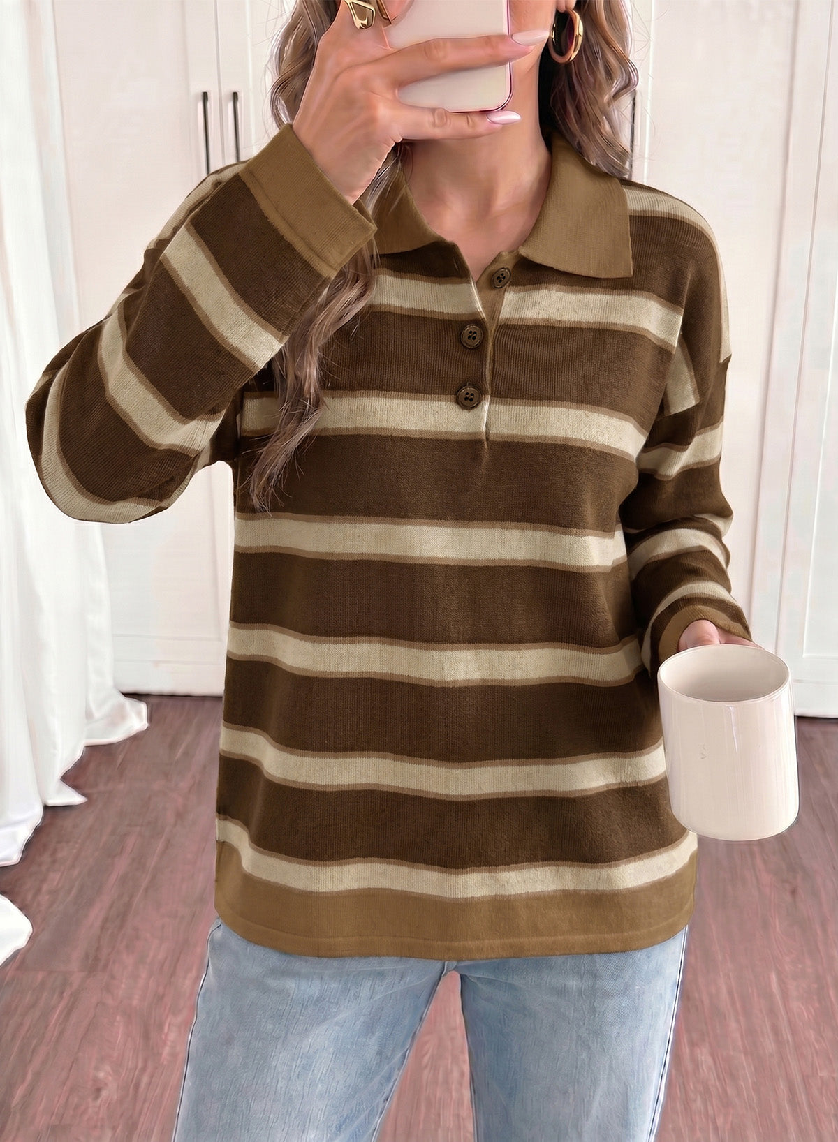 Dokotoo Sweaters for Women Oversized Striped Polo V Neck Knit Pullover Tops