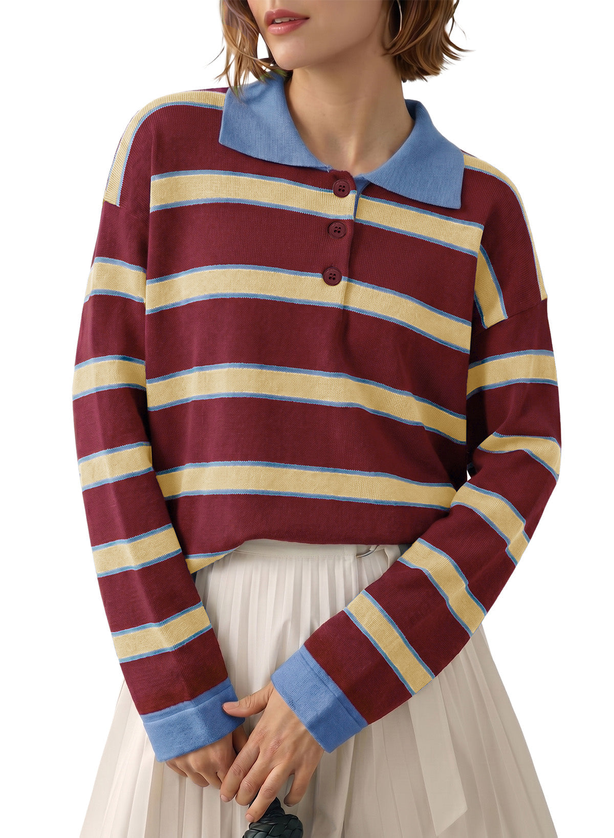 Dokotoo Sweaters for Women Oversized Striped Polo V Neck Knit Pullover Tops