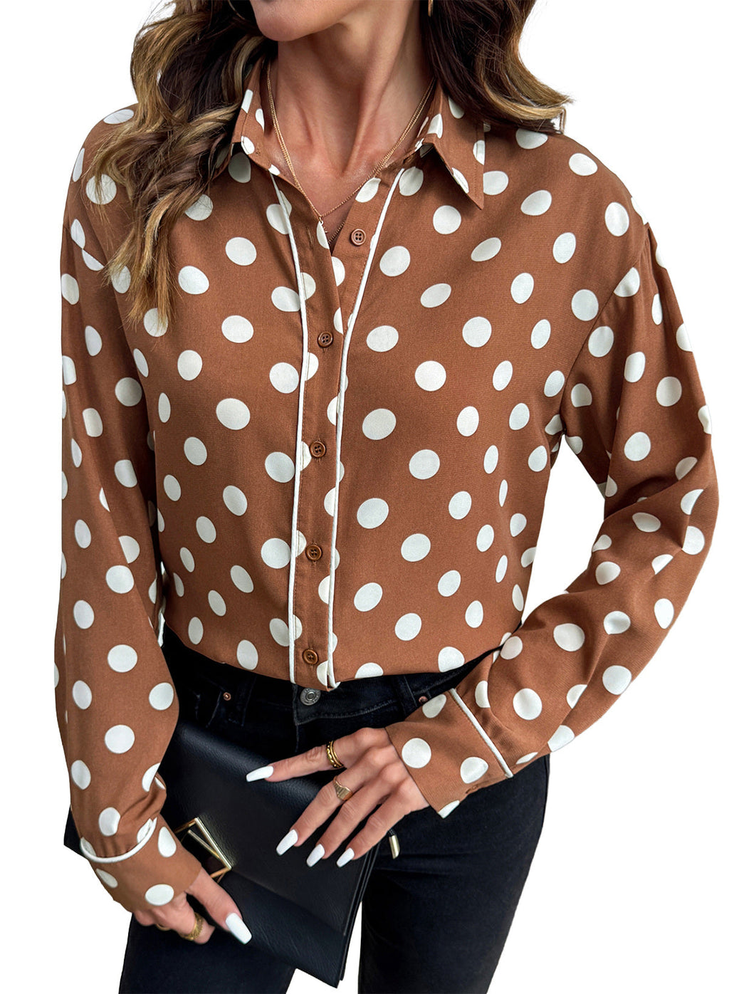 Womens Tops Polka Dot Long Sleeve Button Down Blouses