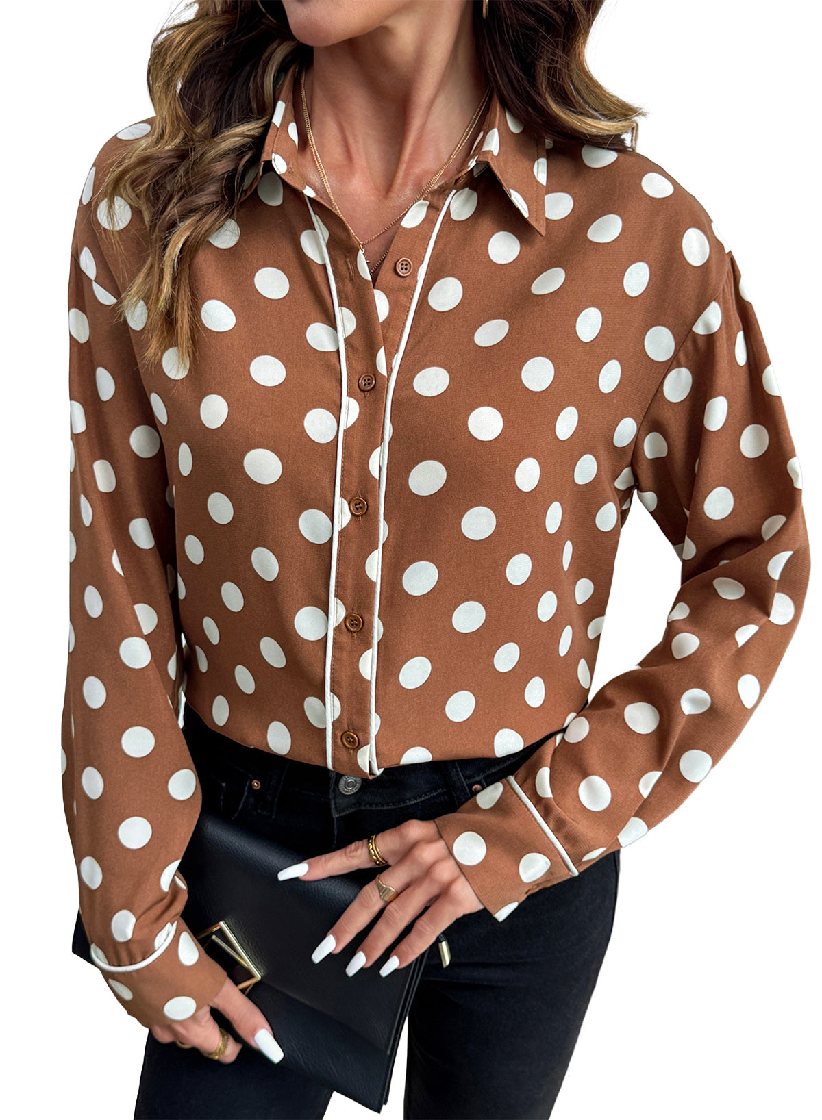 Womens Tops Polka Dot Long Sleeve Button Down Blouses