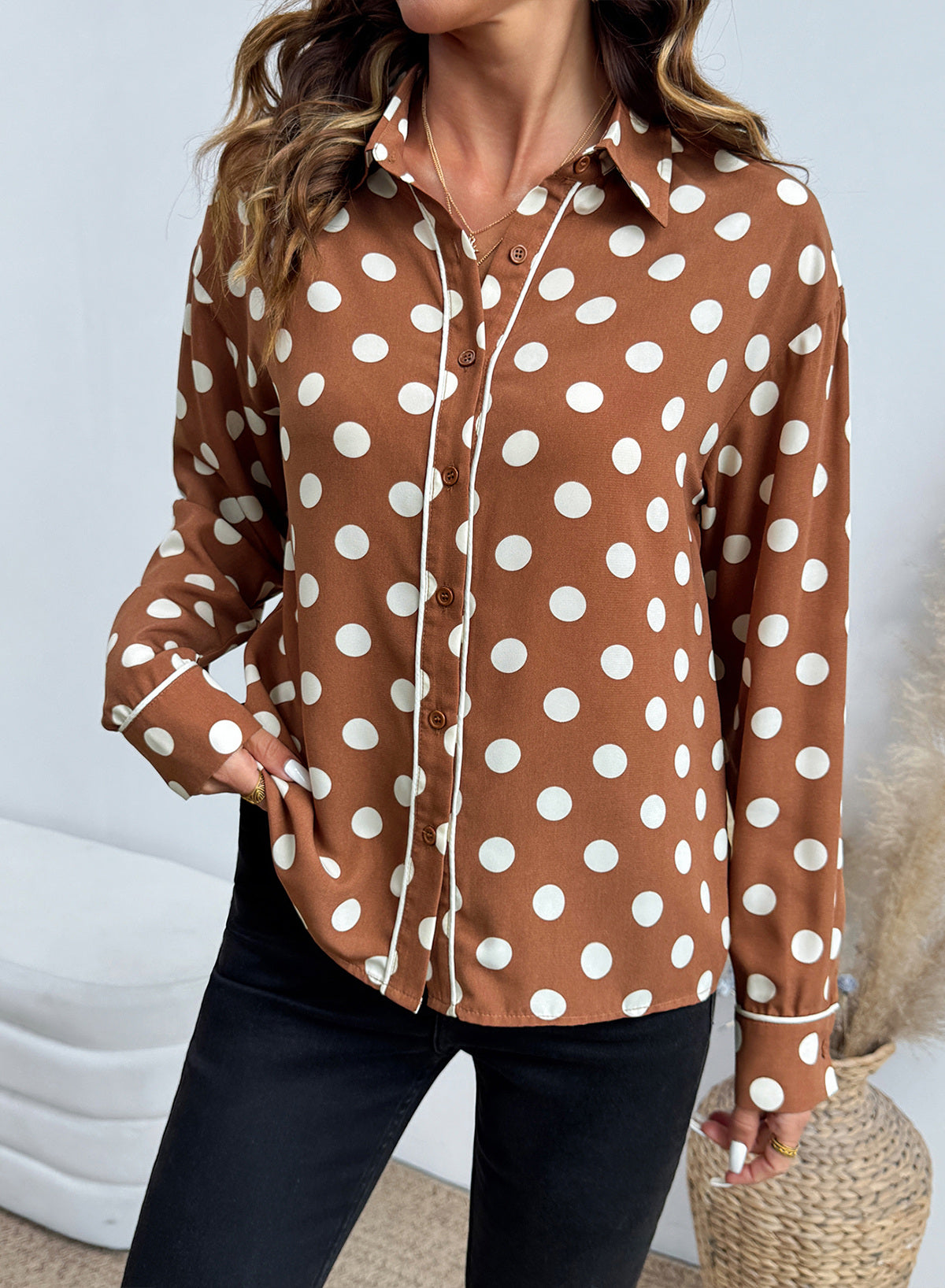 Womens Tops Polka Dot Long Sleeve Button Down Blouses